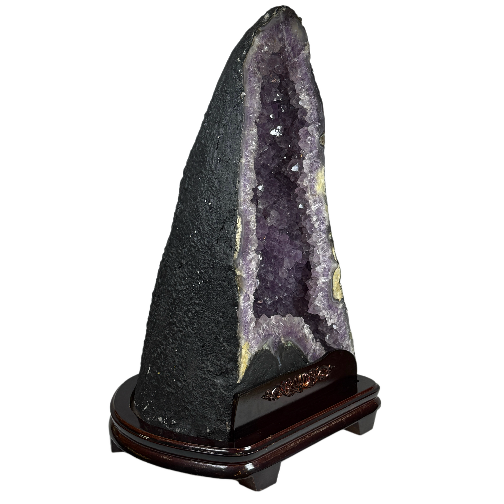 Natural Triangular Shape Amethyst Cave with Wooden Display 18,923.1g 300.0 by 280.0 by 500.0mm - Huangs Jadeite and Jewelry Pte Ltd