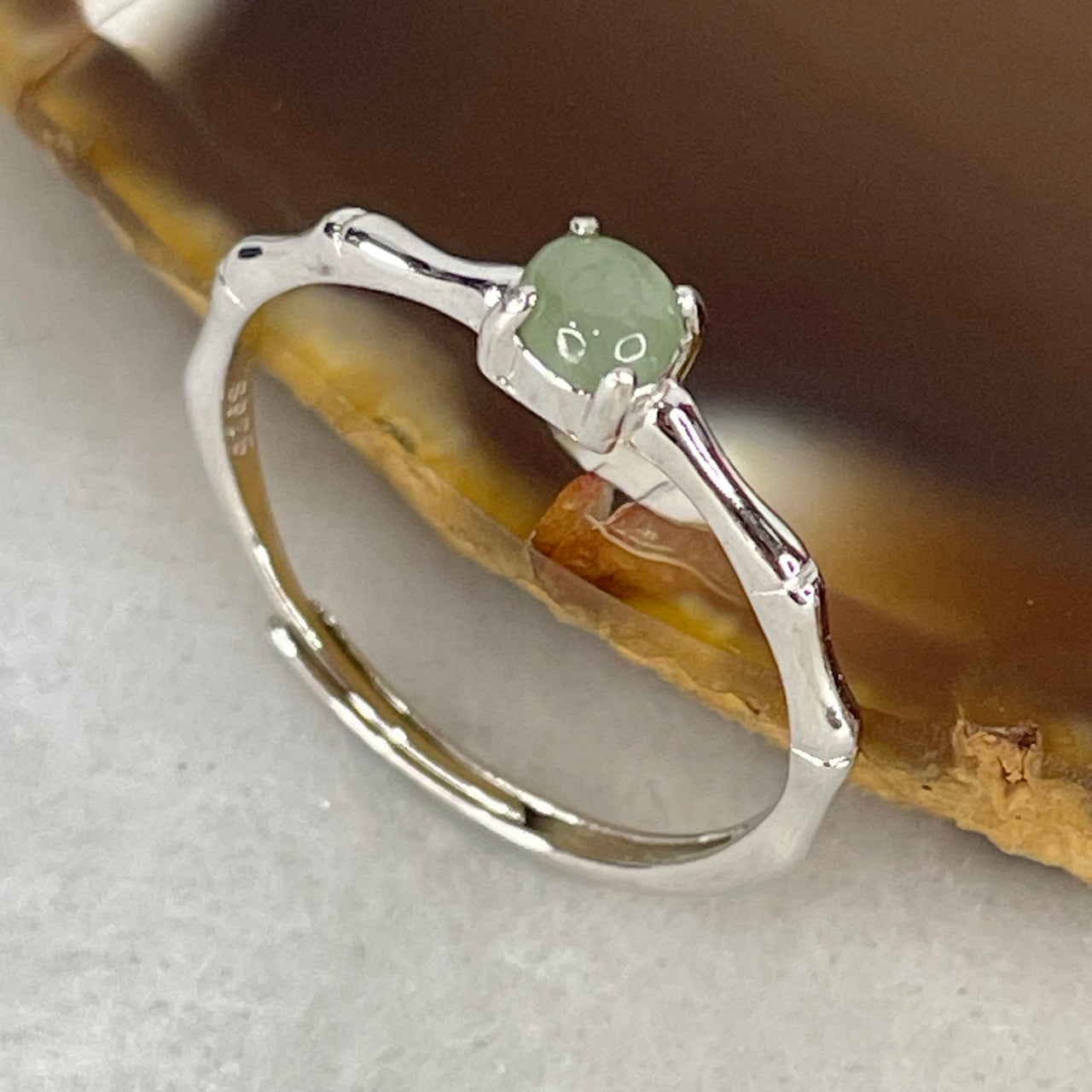 Type A Semi Icy Green Cabochon Jadeite in S925 Sliver Bamboo Ring (Adjustable Size) 0.96g 4.0 by 2.0mm - Huangs Jadeite and Jewelry Pte Ltd