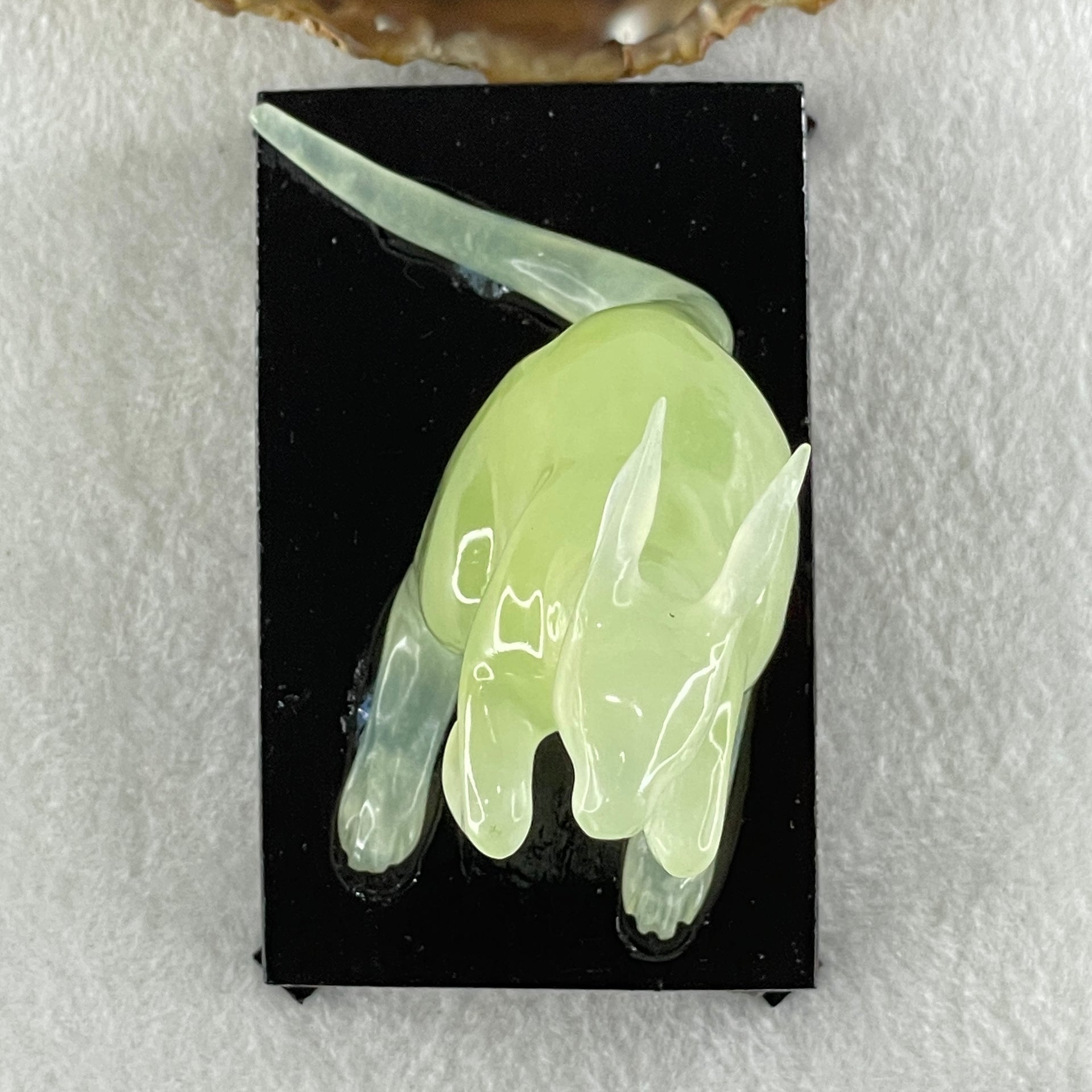 Natural Green Serpentine Kangaroo with Wooden Stand Display 172.6g 100.8 by 63.0 by 115.0mm - Huangs Jadeite and Jewelry Pte Ltd