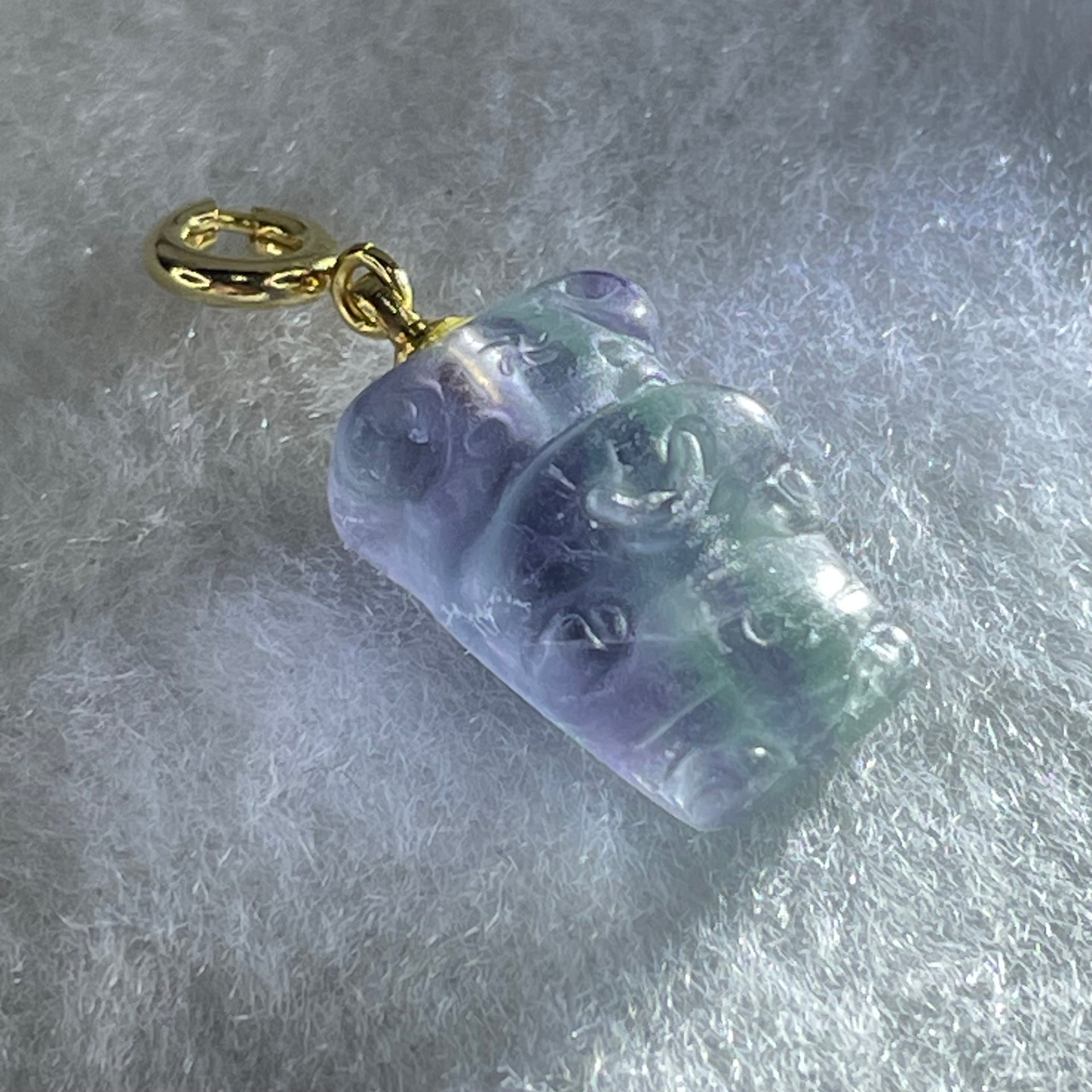 Natural Purple and Green Fluorite Ox Charm Pendant 3.17g 17.2 by 11.6 by 8.1mm - Huangs Jadeite and Jewelry Pte Ltd