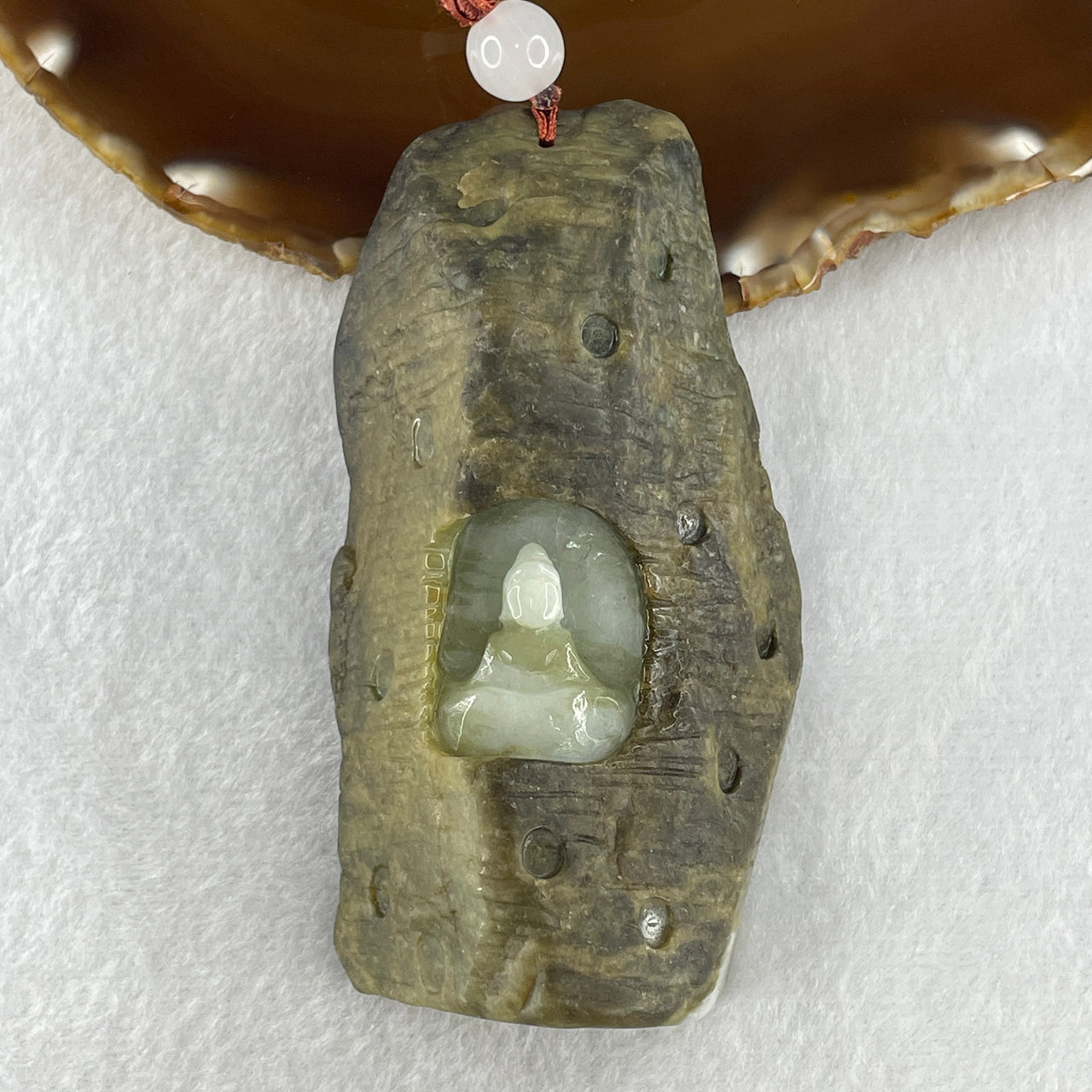 Natural Type A Brown with Light Blueish Green Jadeite Meditating Buddha Handplay 180.45g 92.9 by 50.2 by 28.0mm