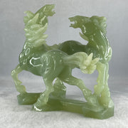 Natural Green Serpentine Double Victory Horses with Wooden Stand Display 1,339.7g 198.0 by 193.0 by 120.0mm - Huangs Jadeite and Jewelry Pte Ltd