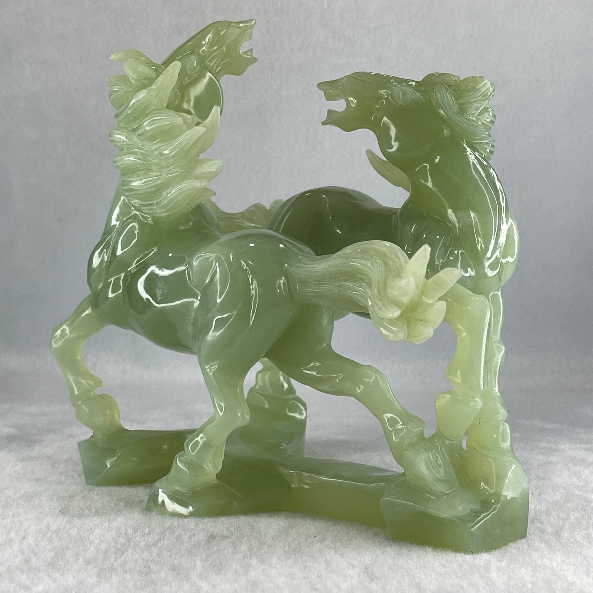 Natural Green Serpentine Double Victory Horses with Wooden Stand Display 1,339.7g 198.0 by 193.0 by 120.0mm - Huangs Jadeite and Jewelry Pte Ltd
