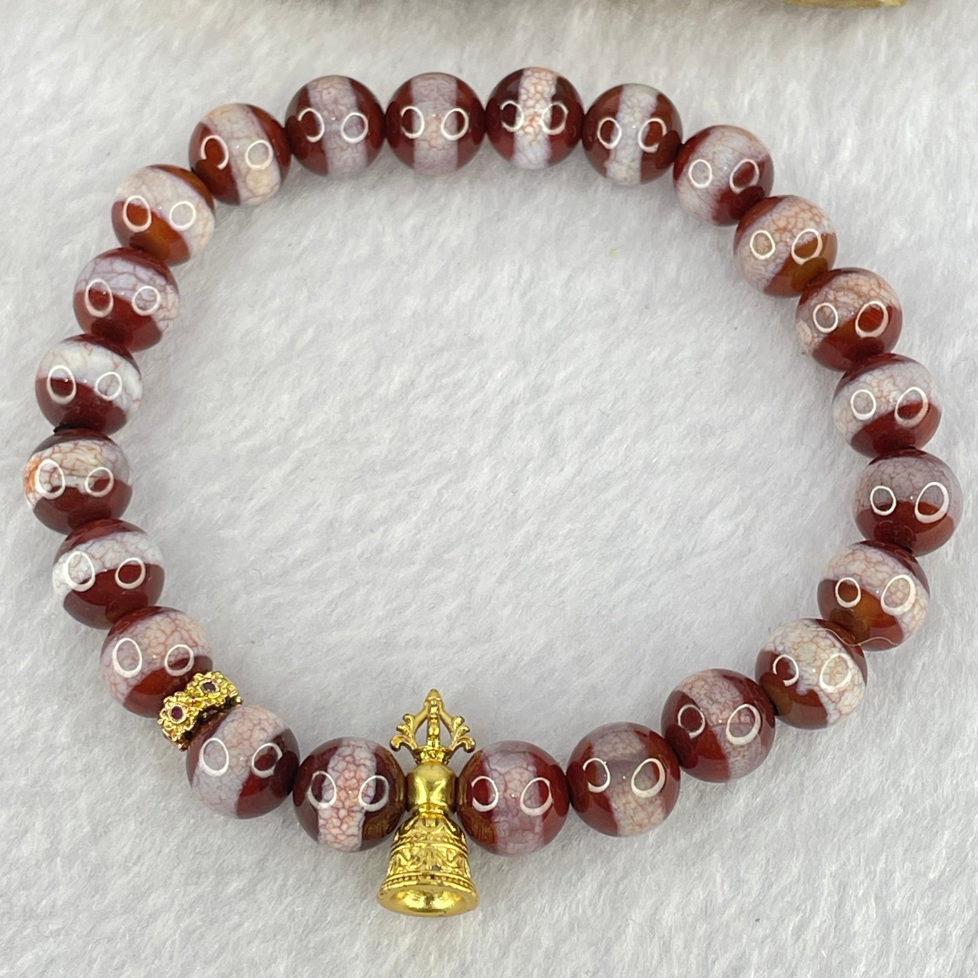 Natural Powerful Tibetan Old Oily Red White One Line Agate Dzi Bead Heavenly Master with Tibetan Bell Charm Bracelet (Tian Zhu) 天诛 19.36g 16.5cm 8.4mm 23 Beads - Huangs Jadeite and Jewelry Pte Ltd