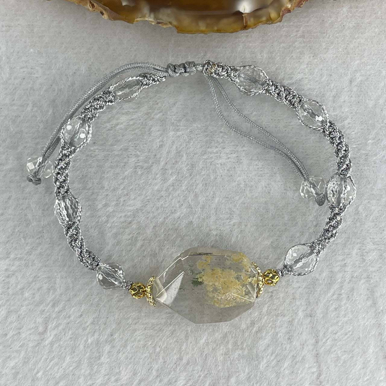 Natural Green Phantom Quartz Odd Shape with Man Made Beads String Bracelet 9.55g 15-18cm 22.1 by 16.1 by 9.8mm Odd Shape - 6.3mm 8 Beads