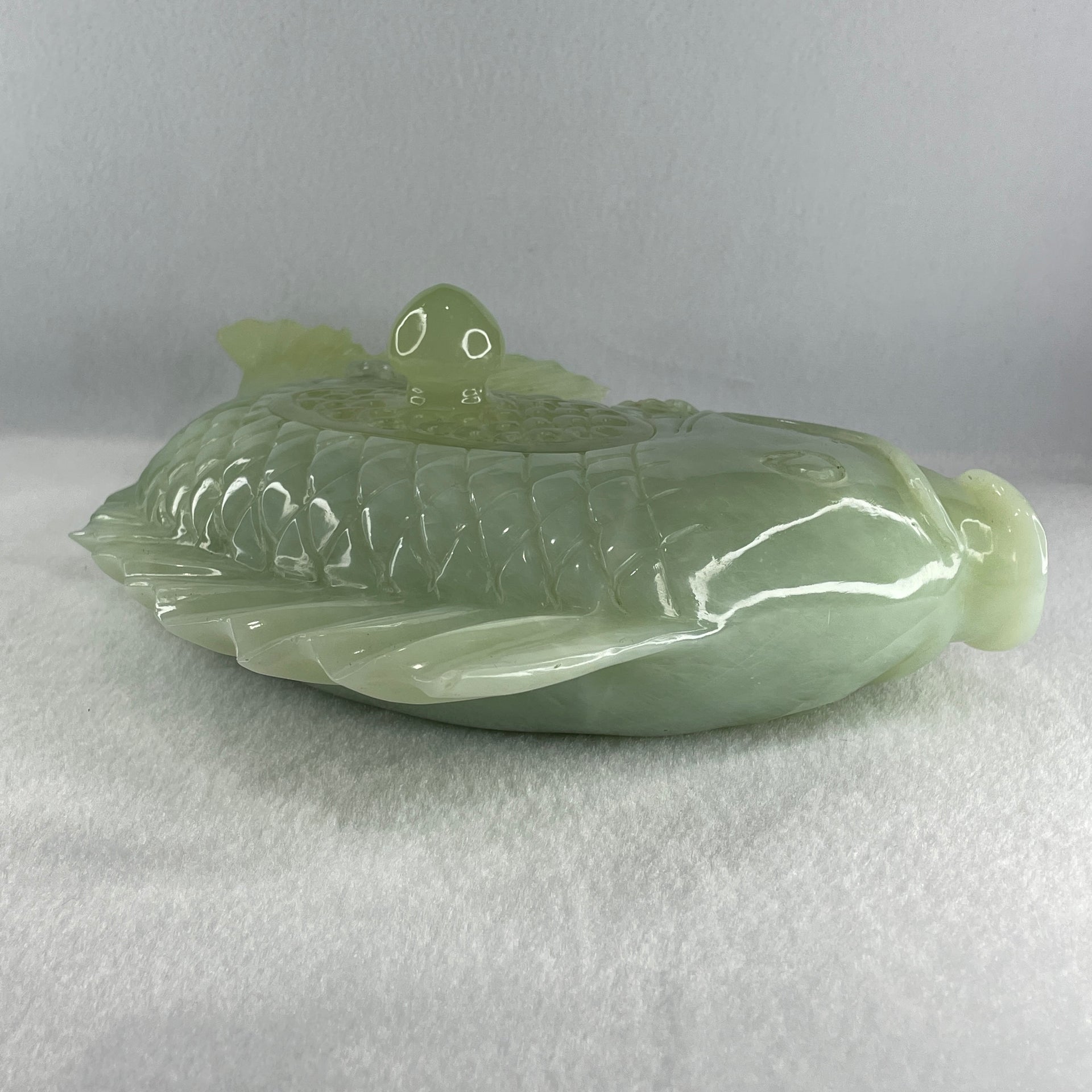 Natural Green with White Serpentine Carp Fish Pot Display 2,270.6g 285.0 by 182.0 by 90.0mm - Huangs Jadeite and Jewelry Pte Ltd