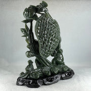 Natural Dark Green Serpentine Double Carp Fish with Gui ren and Lotus and Twin Ducks with Wooden Stand Display 2,032.7g 242.0 by 95.0 by 263.0mm - Huangs Jadeite and Jewelry Pte Ltd
