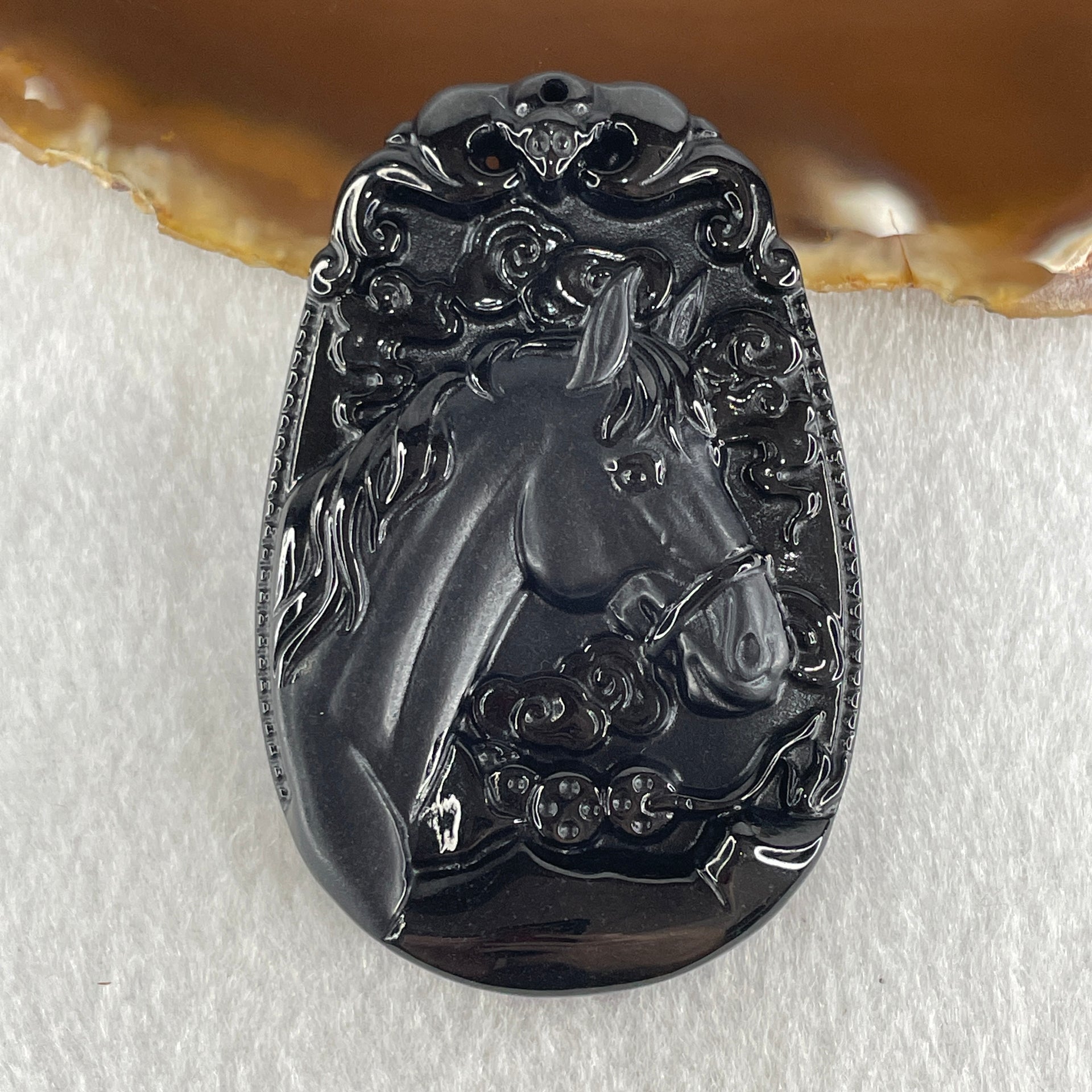 Type A Opaque to Partial Translucent Black Omphacite Jadeite Horse Pendant 23.64g 60.1 by 40.1 by 8.4mm - Huangs Jadeite and Jewelry Pte Ltd