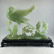 Natural Green Serpentine Phoenix with Twin Birds on Tree with Wooden Stand Display 1,158.3g L257.0 by B98.0 by H203.0mm - Huangs Jadeite and Jewelry Pte Ltd