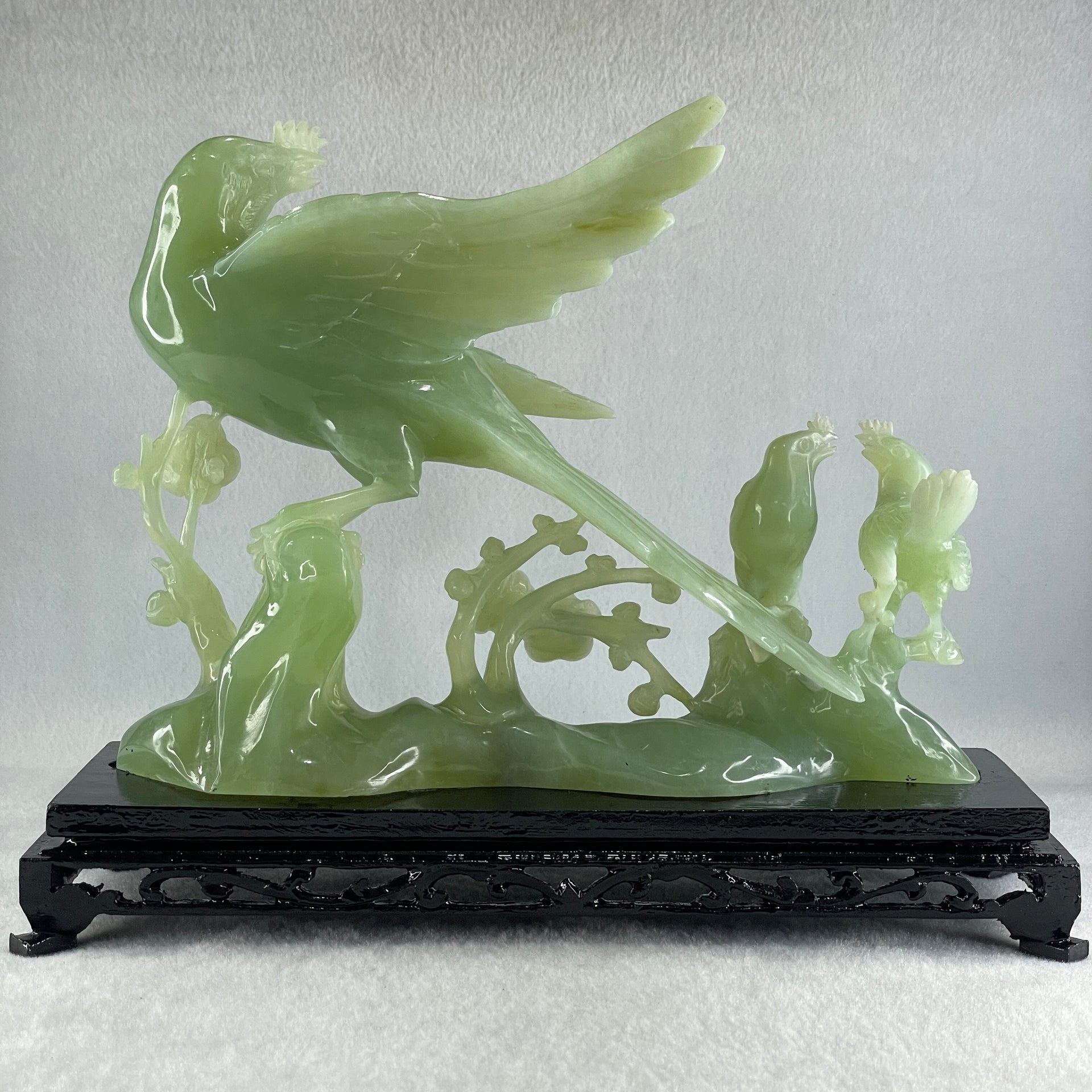 Natural Green Serpentine Phoenix with Twin Birds on Tree with Wooden Stand Display 1,158.3g L257.0 by B98.0 by H203.0mm - Huangs Jadeite and Jewelry Pte Ltd