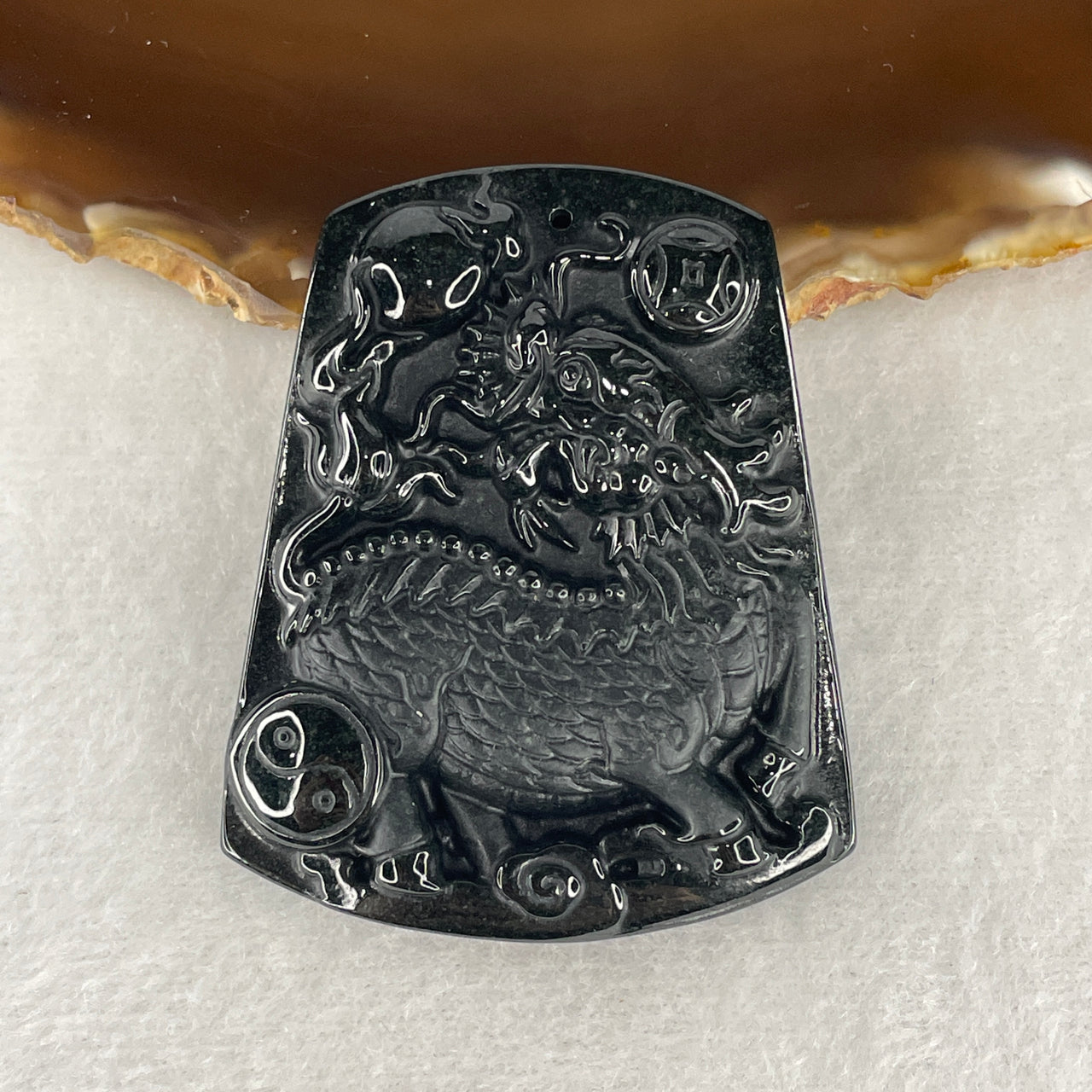 Certified Natural Type A Black Omphacite Jadeite Kirin Qilin with Coins Pendant 29.18g 55.7 by 45.4 by 9.2mm