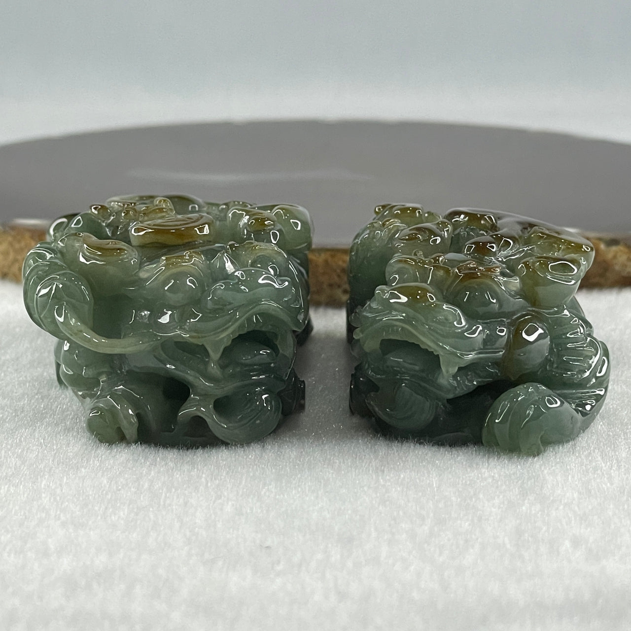 Grand Master Type A Blueish Green with Brownish Jadeite Pixiu Pair Pendant Total Weight 215.42g Each About 69.6 by 34.6 by 24.2mm and 68 by 36.6 by 26.9mm