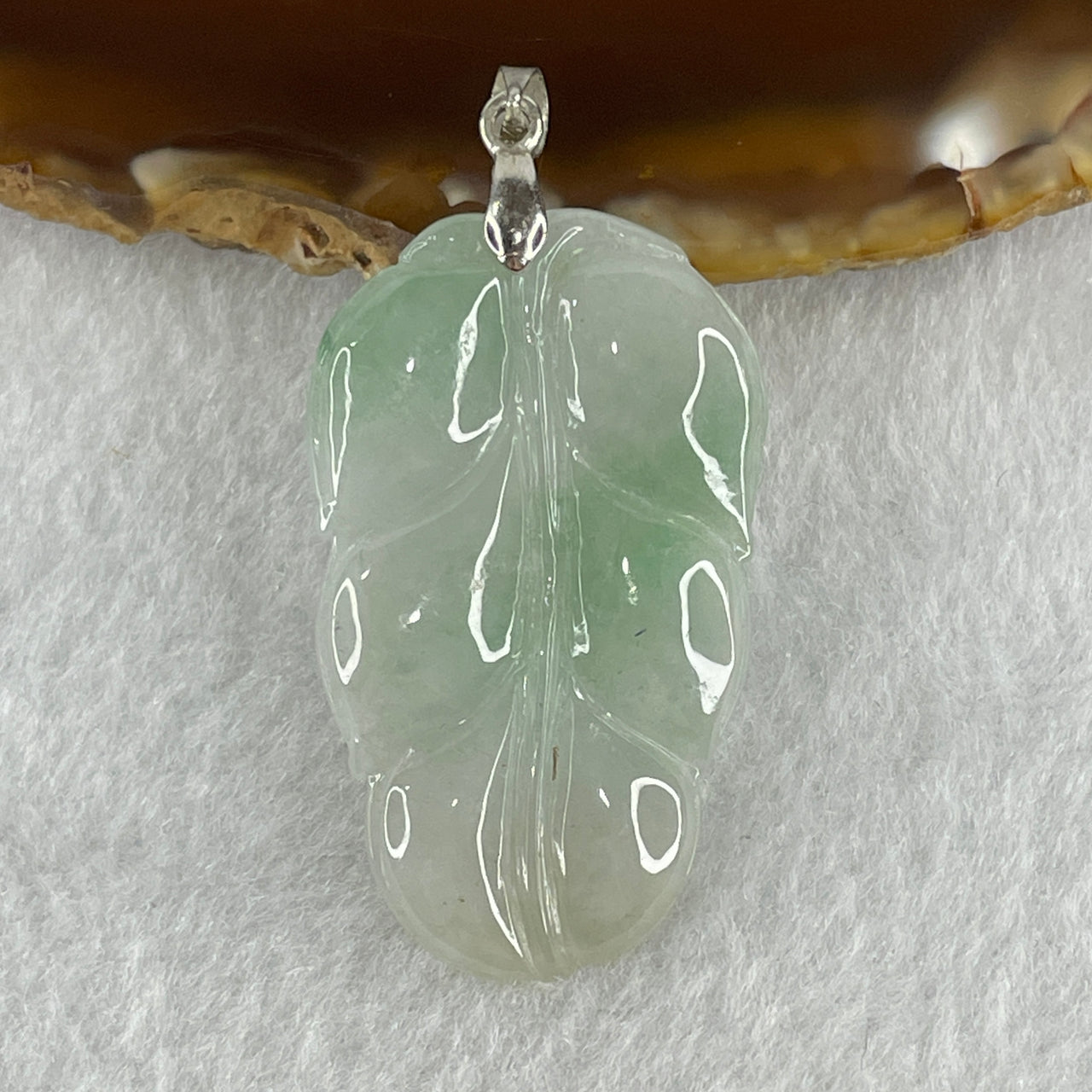 Natural Type A Semi Icy Faint Lavender Light Green Jadeite Prosperity Leaf Pendant in Silver Clasp Signifying Overnight Success 5.93g 39.4 by 23.6 by 3.7mm - Huangs Jadeite and Jewelry Pte Ltd
