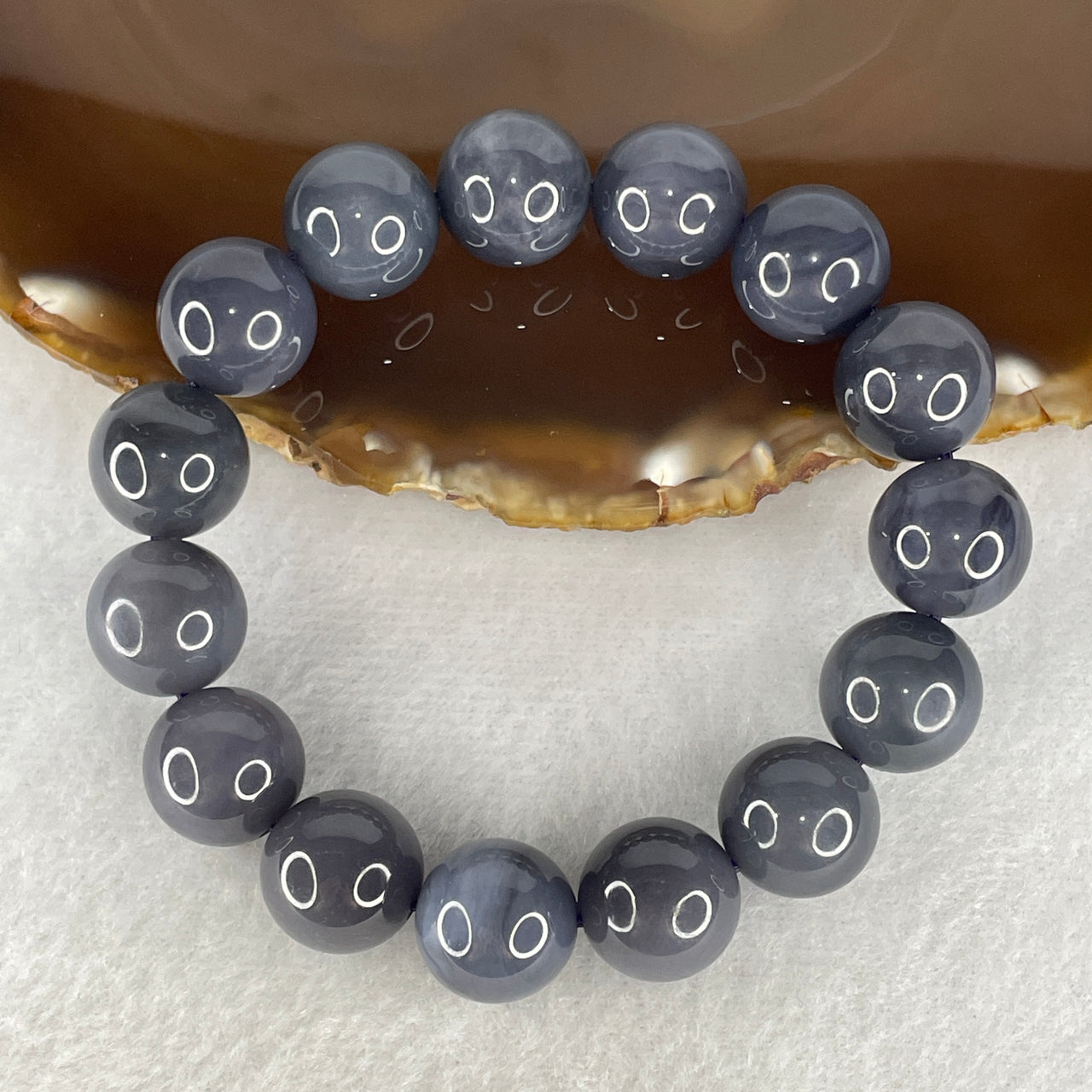 Certified Natural Nephrite Bracelet 63.50g - 14.0mm x 15 Beads - 16cm Length - Purplish Grey Grade A Untreated Nephrite Jade Jewelry