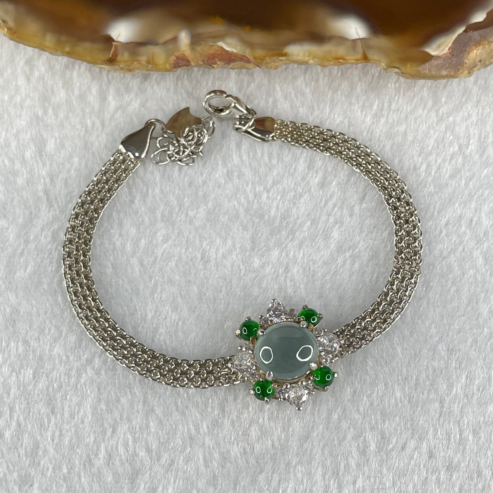 Type A Icy Blueish Green Jadeite Cabochon With Crystals in S925 Sliver Bracelet 5.02g 7.6 by 4.0mm - Huangs Jadeite and Jewelry Pte Ltd
