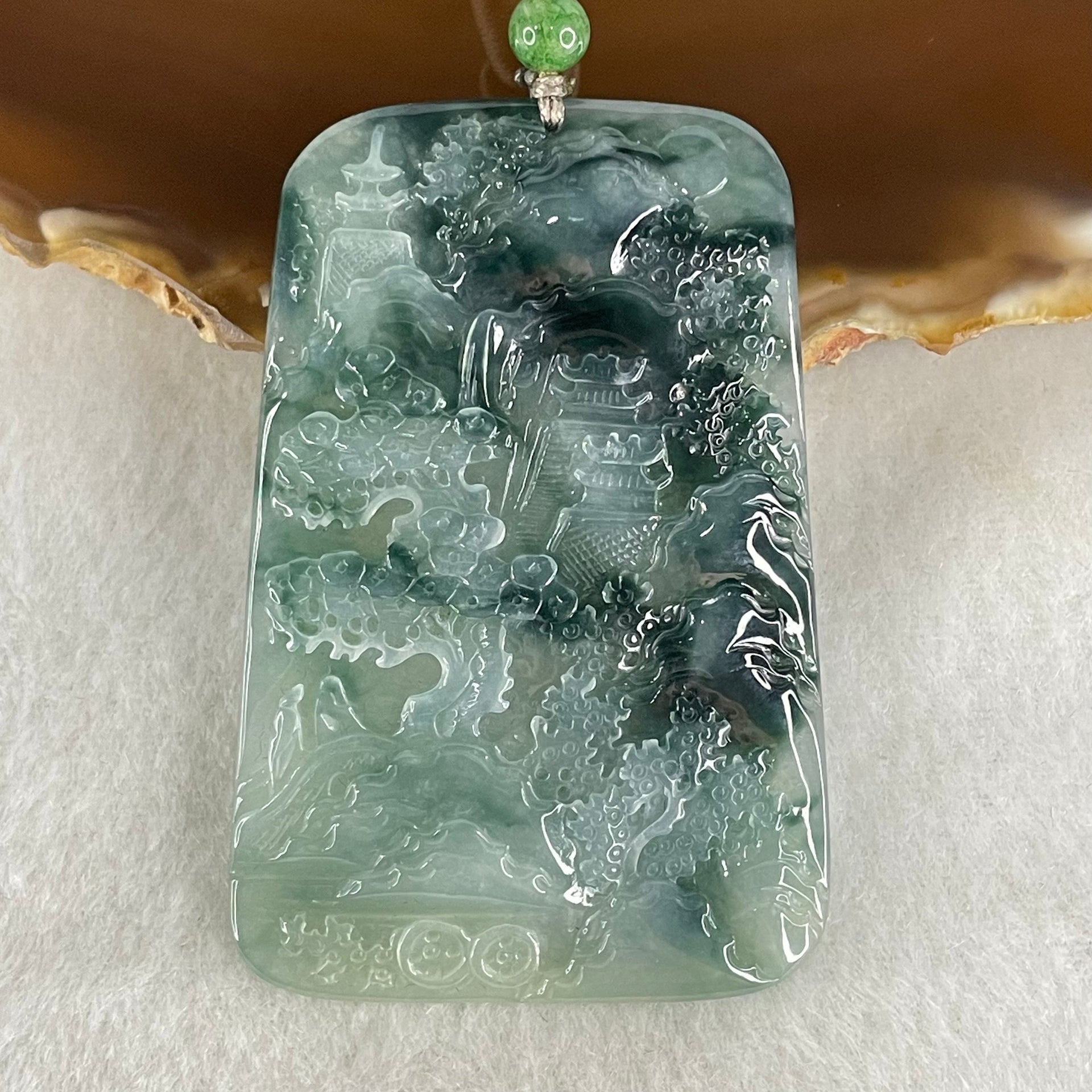 Type A Jelly Semi Icy Blueish Green Jadeite Shan Shui with Guiren Benefactor Pendant 34.79g 61.2 by 41.1 by 5.5mm - Huangs Jadeite and Jewelry Pte Ltd