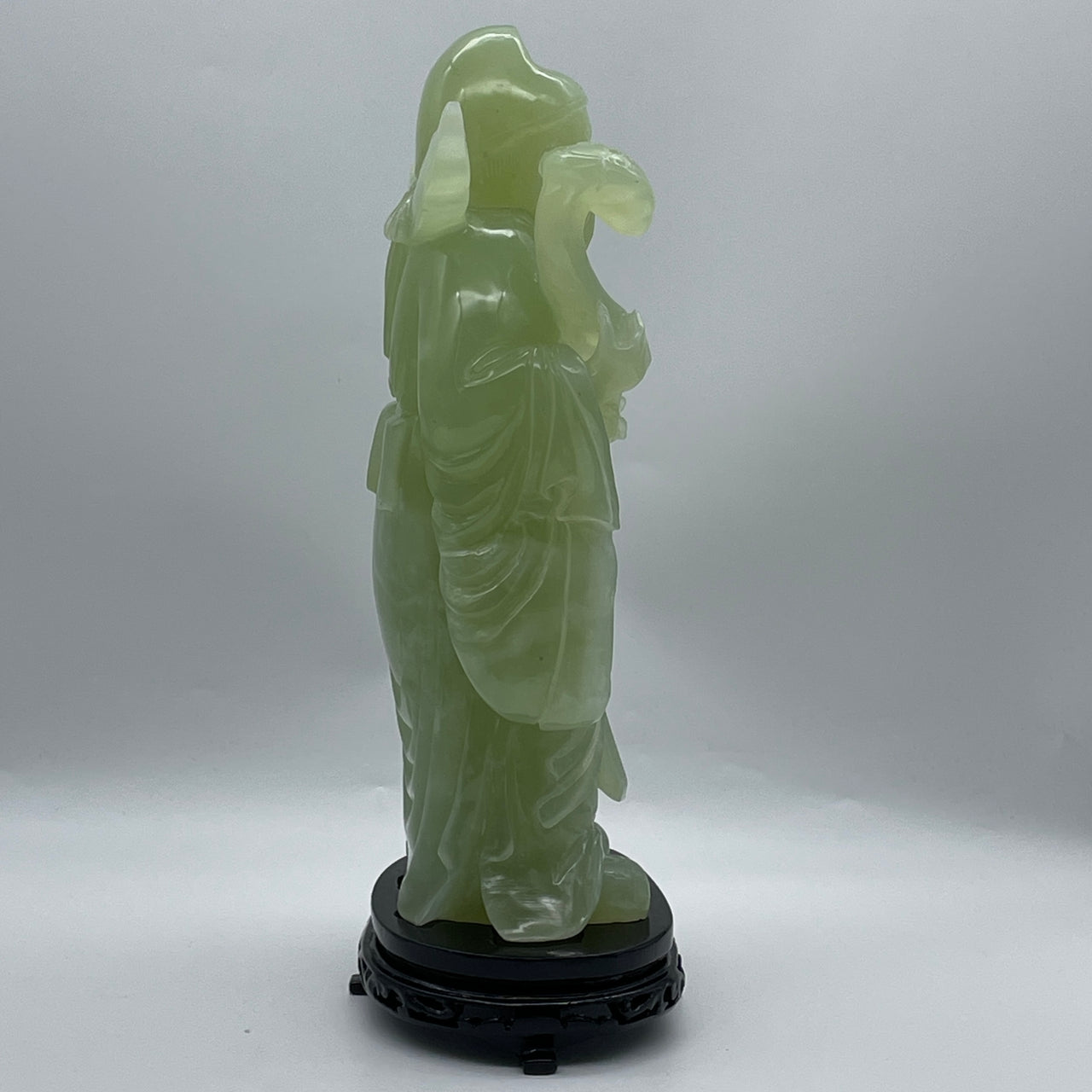 Natural Green Serpentine Cai Shen Ye God of Fortune with Ruyi on Wooden Stand Display 4,008.8g 160.0 by 120.0 by 330.0mm