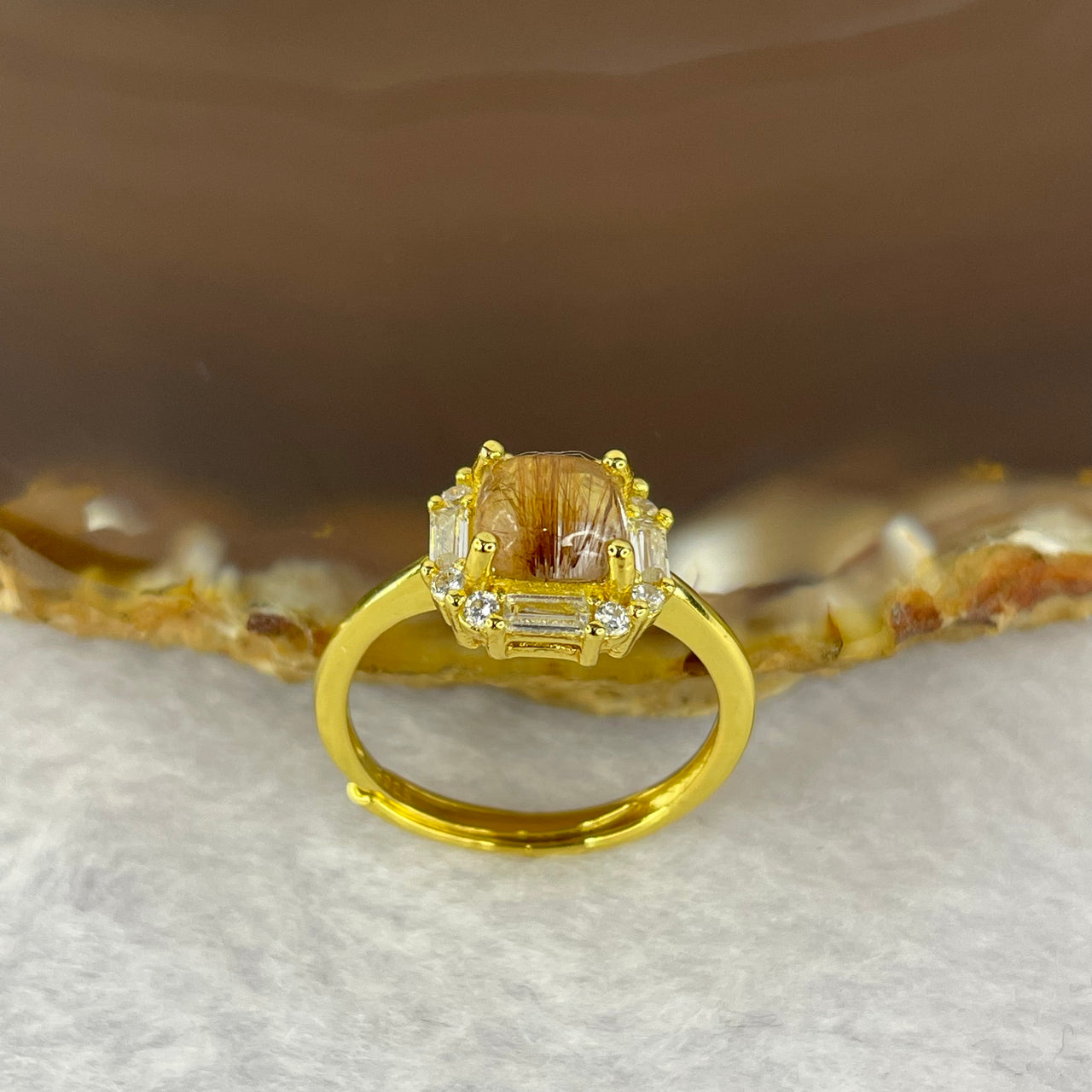 Natural Golden Rutilated Quartz in 925 Sliver Ring (Gold Color) 1.90g 5.8 by 3.5 mm Adjustable Size - Huangs Jadeite and Jewelry Pte Ltd