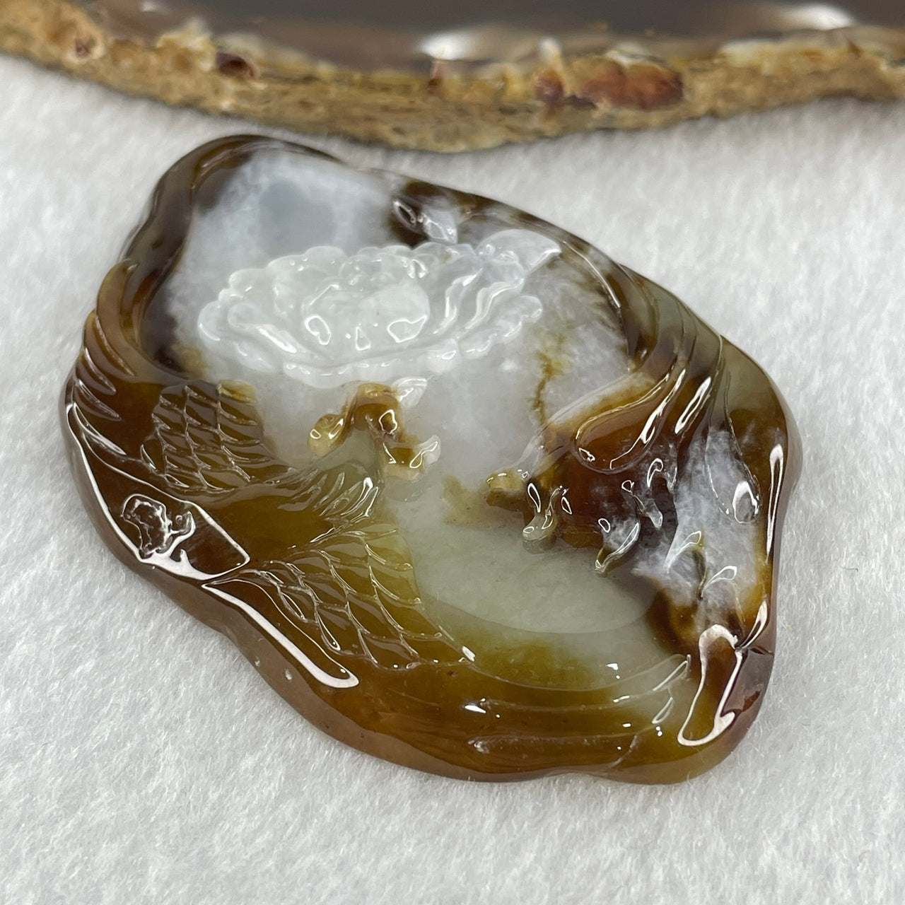 Certified Natural Type A Brown with Faint Lavender Faint Green Jadeite Phoenix with Lotus Flower Pendant 42.66g 72.0 by 45.3 by 7.9mm