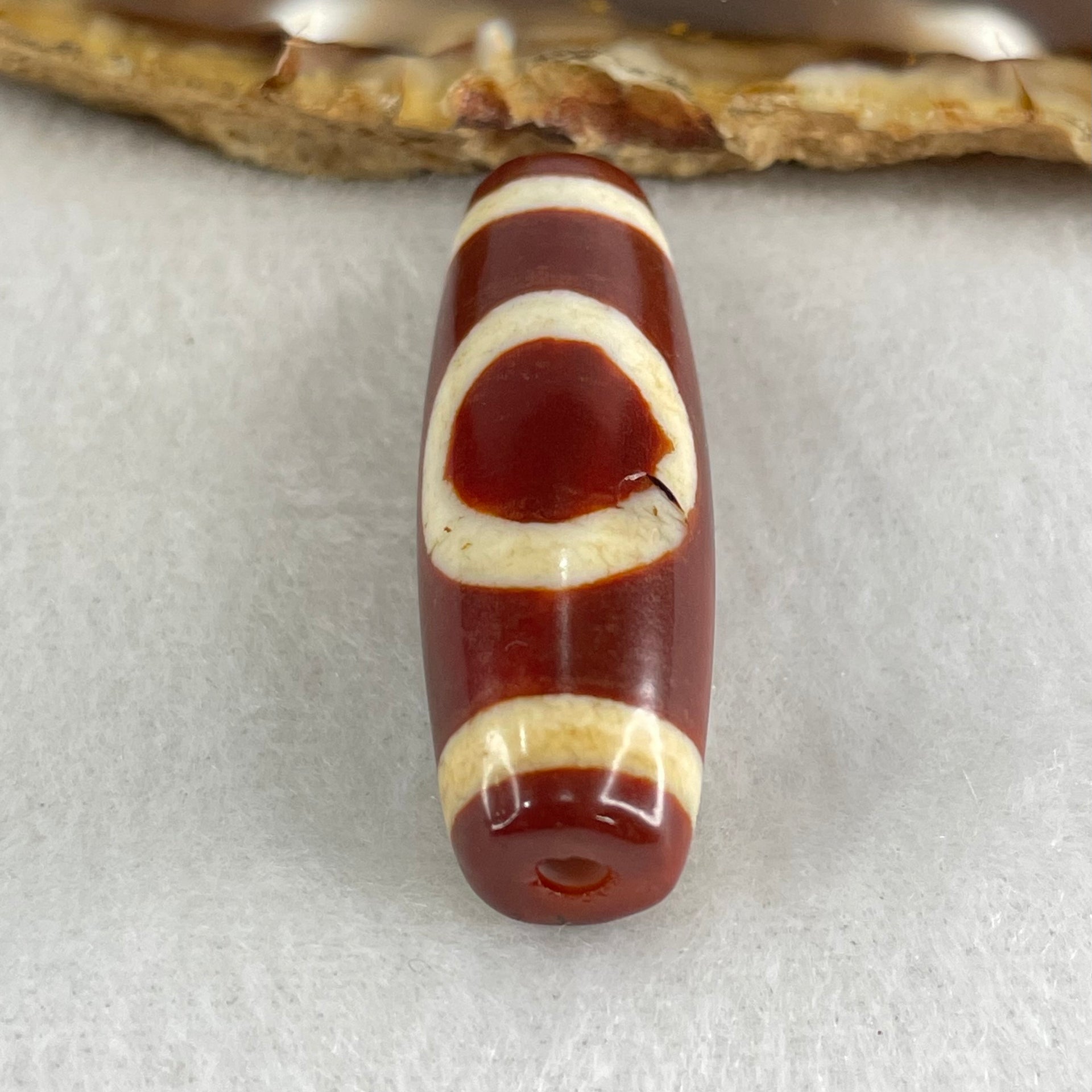 Natural Powerful Tibetan Old Oily Red White Agate One Eye Gold Metal Element Dzi Bead Heavenly Master (Tian Zhu) 一眼金天珠 9.71g 37.8 by 13.0mm - Huangs Jadeite and Jewelry Pte Ltd