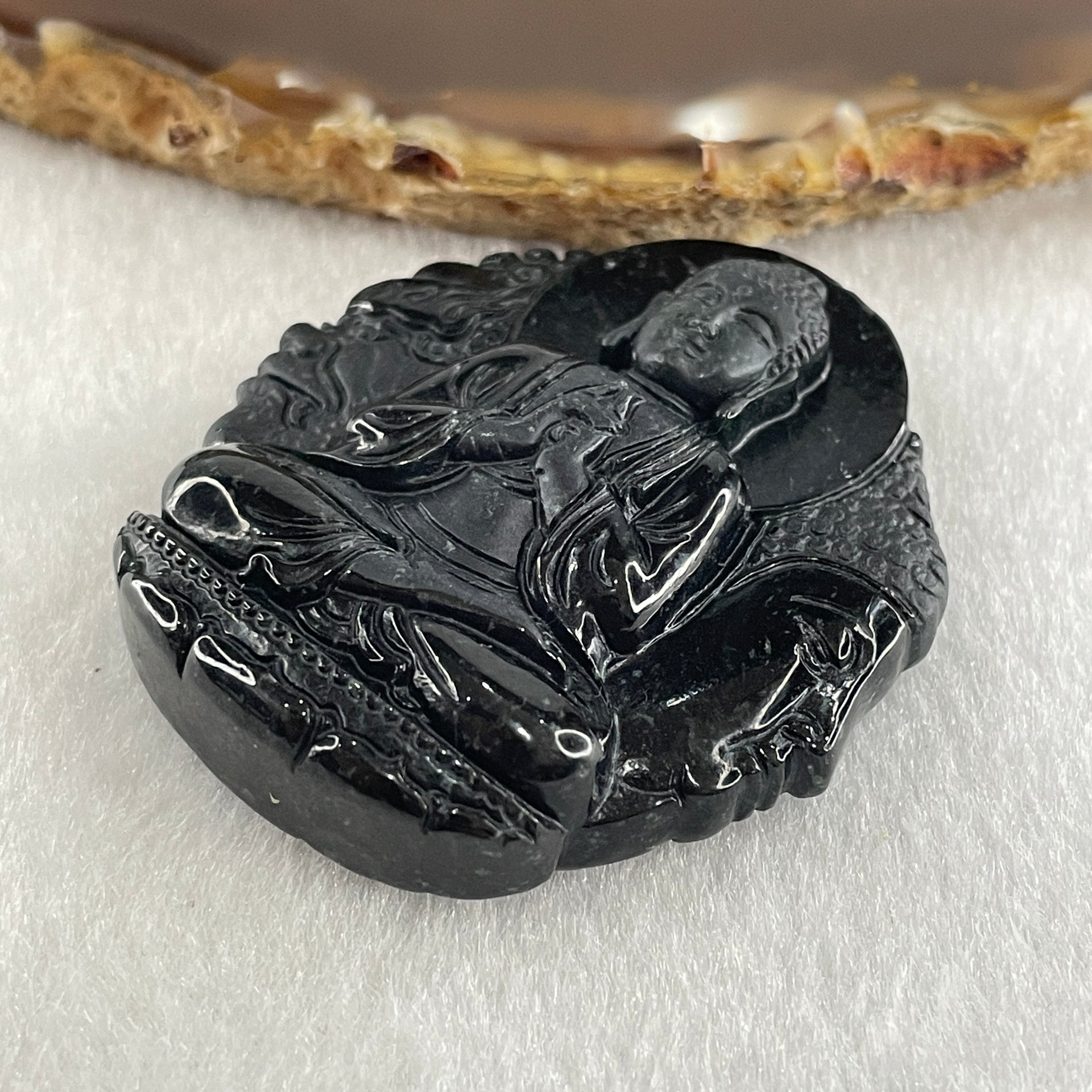 Type A Opaque Black Omphacite Jadeite Good Vs Evil Amitabha Buddha Pendant Dog and Boar Pig Zodiac Guardian 45.89g 49.6 by 43.7 by 12.5mm - Huangs Jadeite and Jewelry Pte Ltd