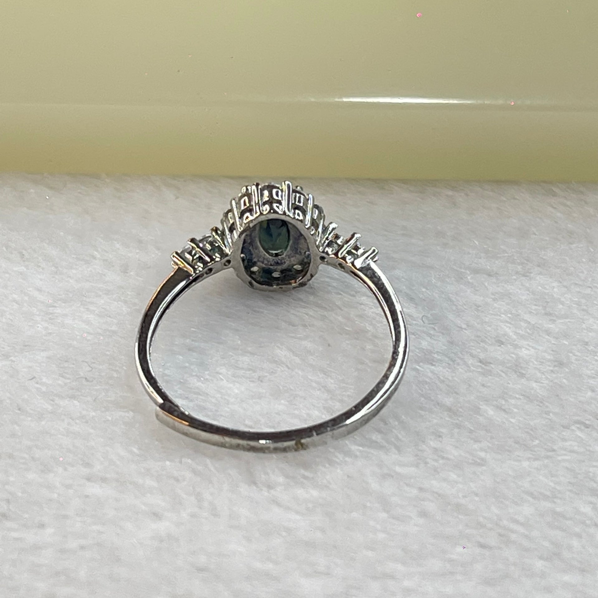 Blue Green Cubic Zirconia with Crystals in Sliver Ring (Adjustable Size) 1.34g by 6.0 by 4.6 by 3.2mm - Huangs Jadeite and Jewelry Pte Ltd