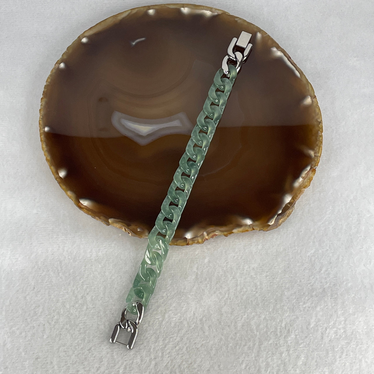 Certified Natural Type A Icy Blueish Green Jadeite Cuban Tennis Bracelet with Stainless Steel Clasp 21.61g Up to 17cm 11.7 by 3.4mm 16 Pcs