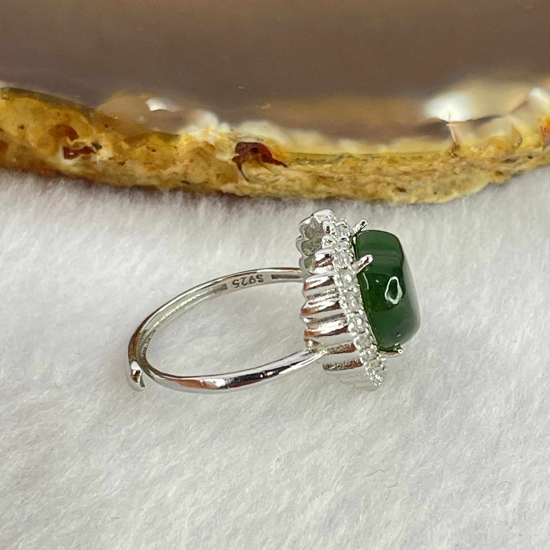 Natural Green Nephrite with Crystals In S925 Sliver Ring  (Adjustable Size) 2.92g 10.4 by 10.0 by 5.0mm - Huangs Jadeite and Jewelry Pte Ltd