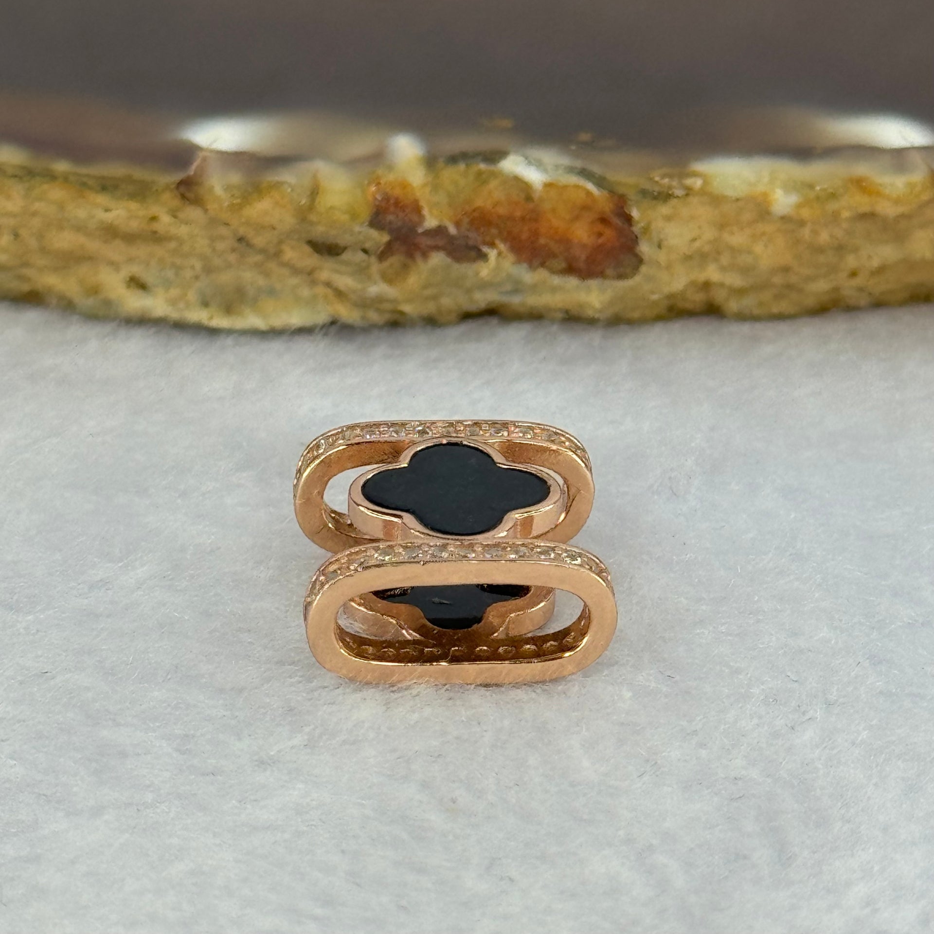 Type A Translucent Black Omphasite Jadeite Double Sided Clover with Crystals in S925 Sliver Rose Gold Color Charm 2.05g 7.7 by 7.7 by 1.5mm - Huangs Jadeite and Jewelry Pte Ltd