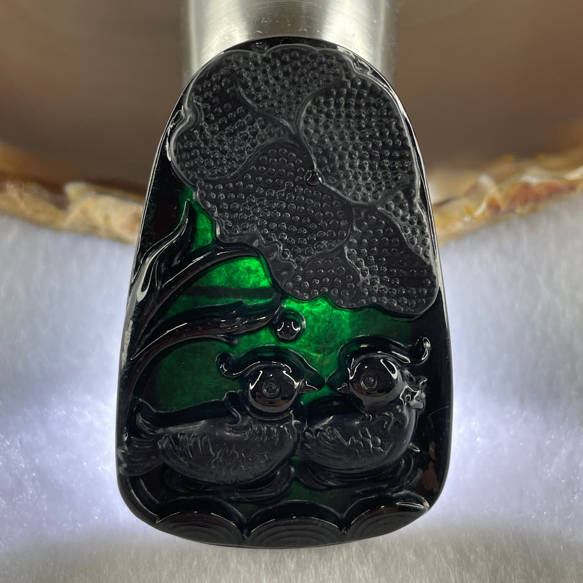 Type A Opaque to Partial Translucent Black Omphacite Jadeite Mandarin Ducks Pair and Lotus Leaf Pendant 20.70g 51.7 by 33.7 by 8.6mm - Huangs Jadeite and Jewelry Pte Ltd