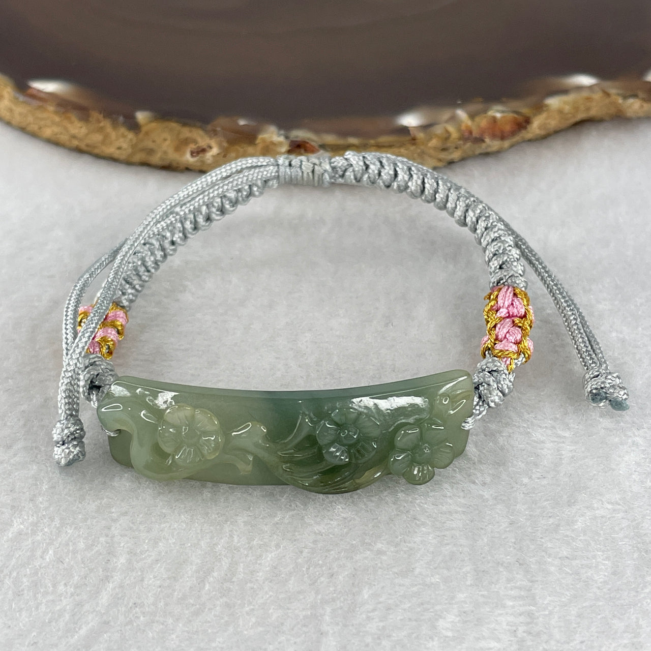 Natural Type A Blueish Green Jadeite Continuous Flowers Bracelet | Adjustable 15.5-20cm Organic Botanical Carved Bar Amulet (10.68g, 46.8x12.1x7.3mm)