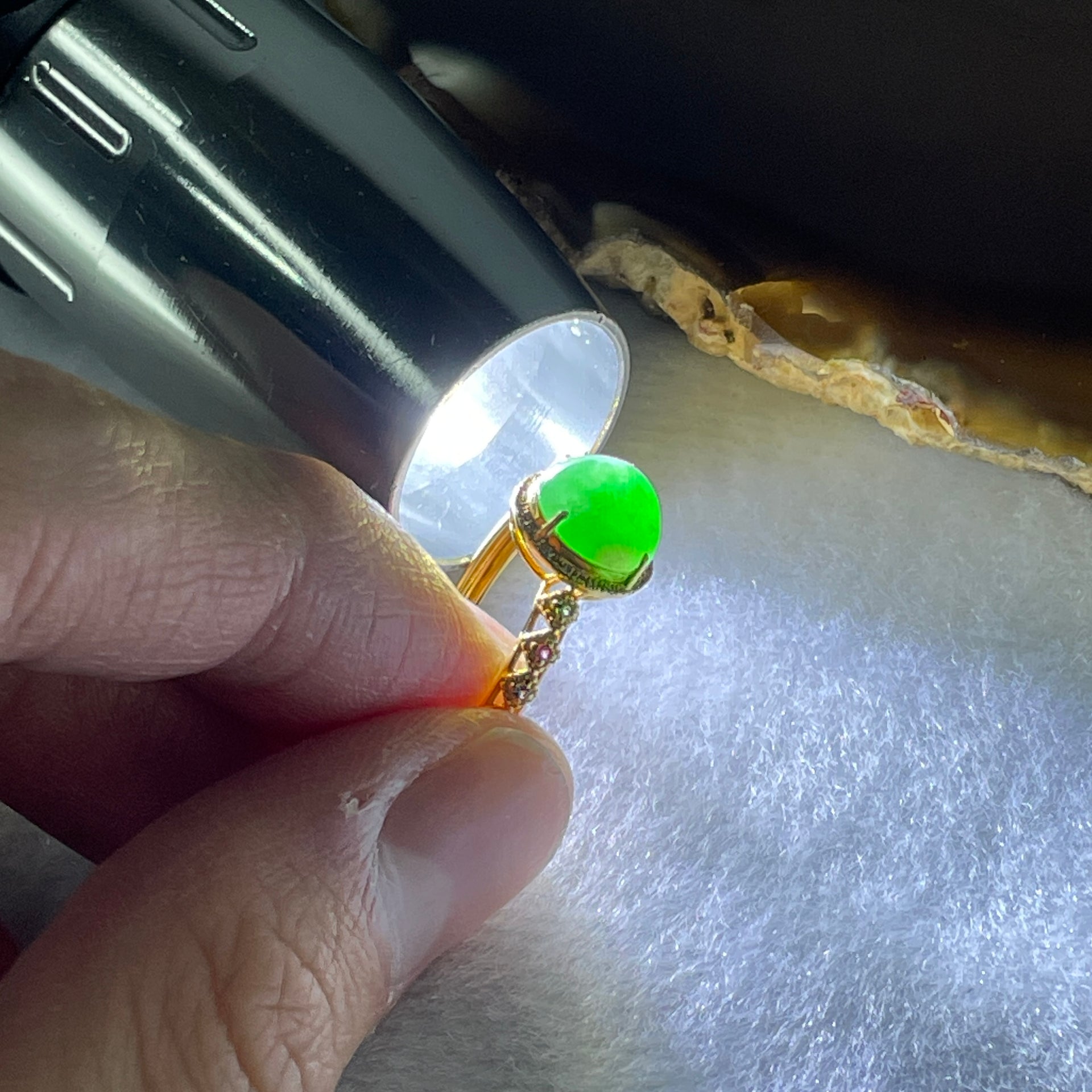 Type A Green Burmese Feng Shui Jade jadeite ring in 18k yellow gold & natural diamonds 2.05g US 7 HK 14 - Huangs Jadeite and Jewelry Pte Ltd