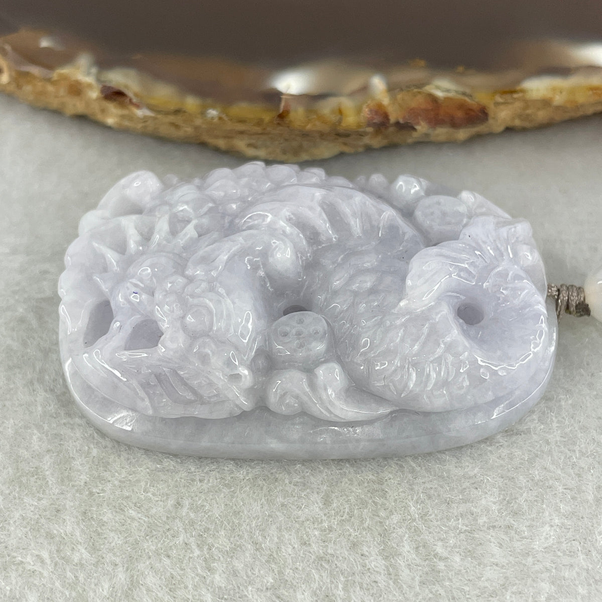 Natural Type A Lavender Jadeite Dragon Carp with Lotus Pendant | Transformation, Academic & Career Success Talisman (37.83g | 47.3 x 32.2 x 12.1mm) - Huangs Jadeite and Jewelry Pte Ltd
