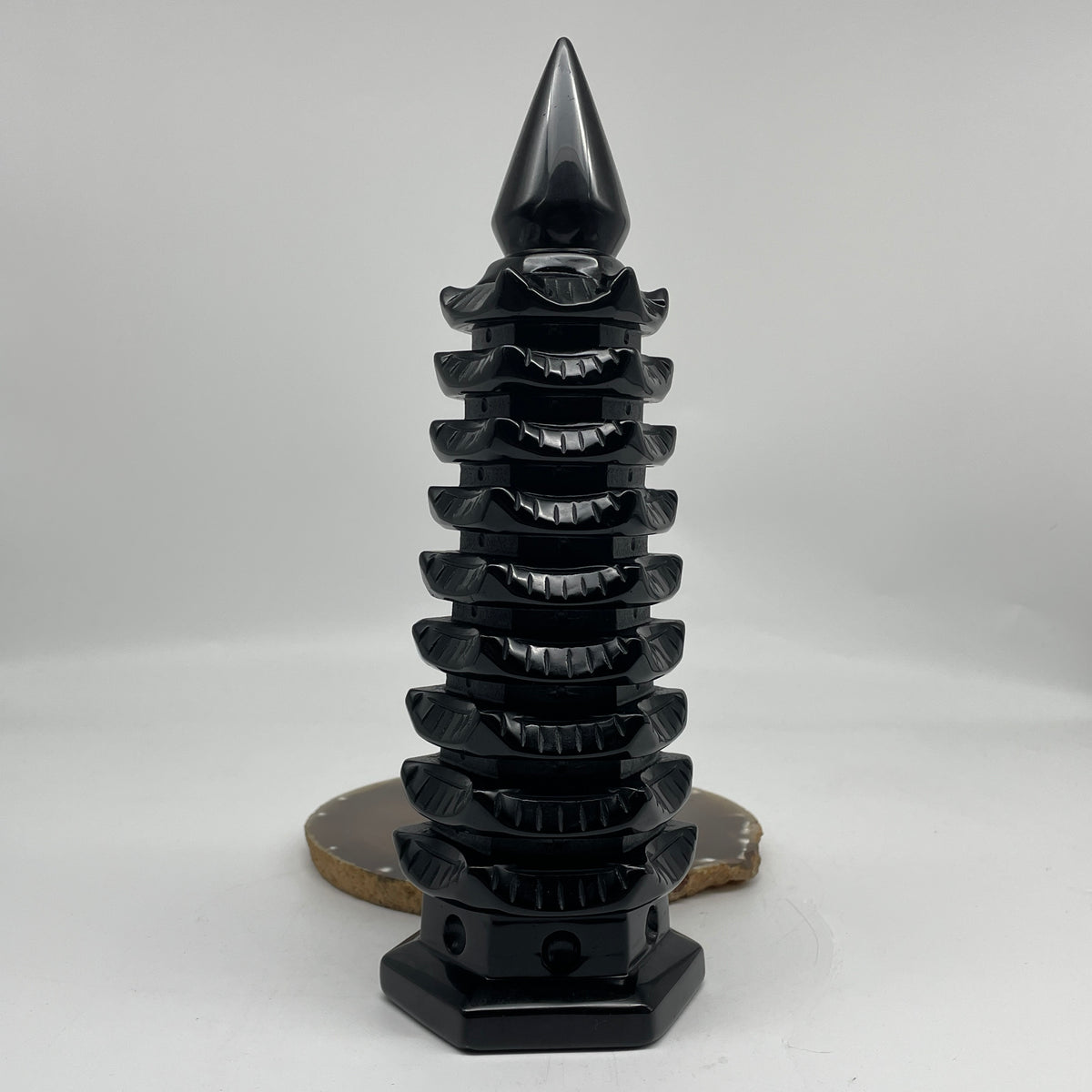 Natural Black Obsidian Pagoda Display | (1,480.7g | 88.5 x 78.5 x 260.0mm | Catalyst, "Wen Chang" Academic Excellence & Career Promotion Anchor, Traditional Spatial Shielding Specimen)