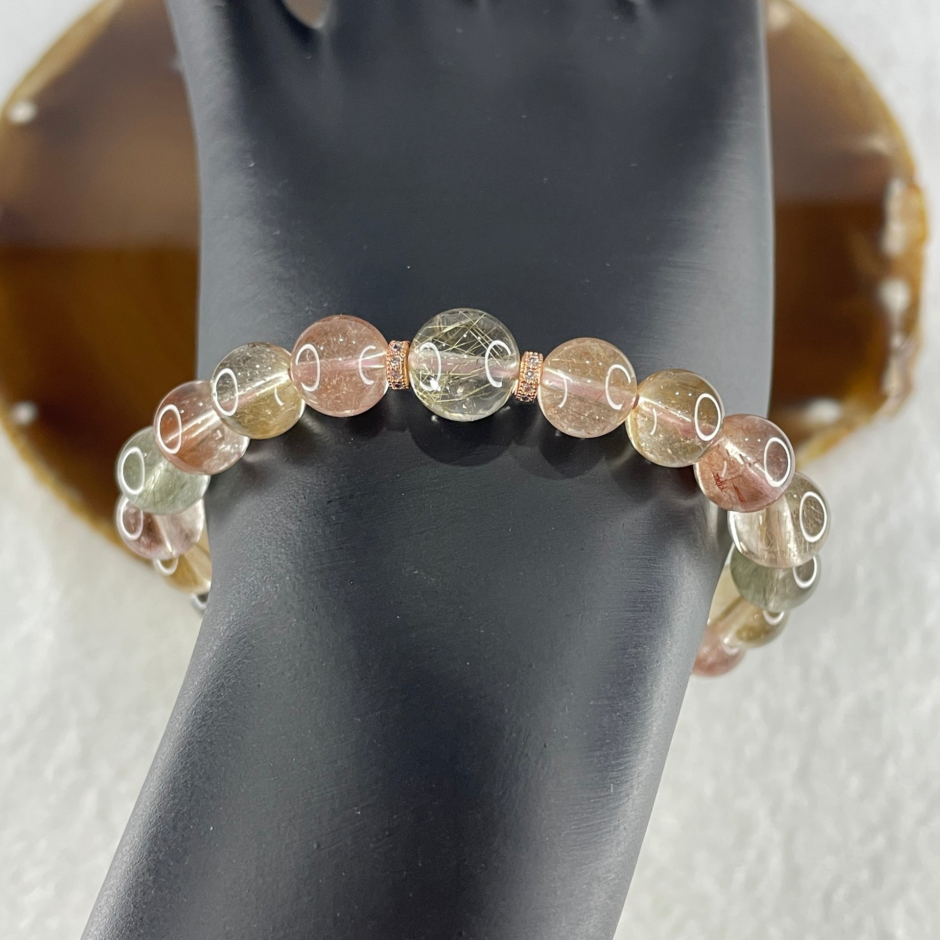 Natural Pinkish with Green Rabbit Hair Rutilated Quartz Beads Bracelet 20.16g 16cm 9.2mm 22Beads - Huangs Jadeite and Jewelry Pte Ltd