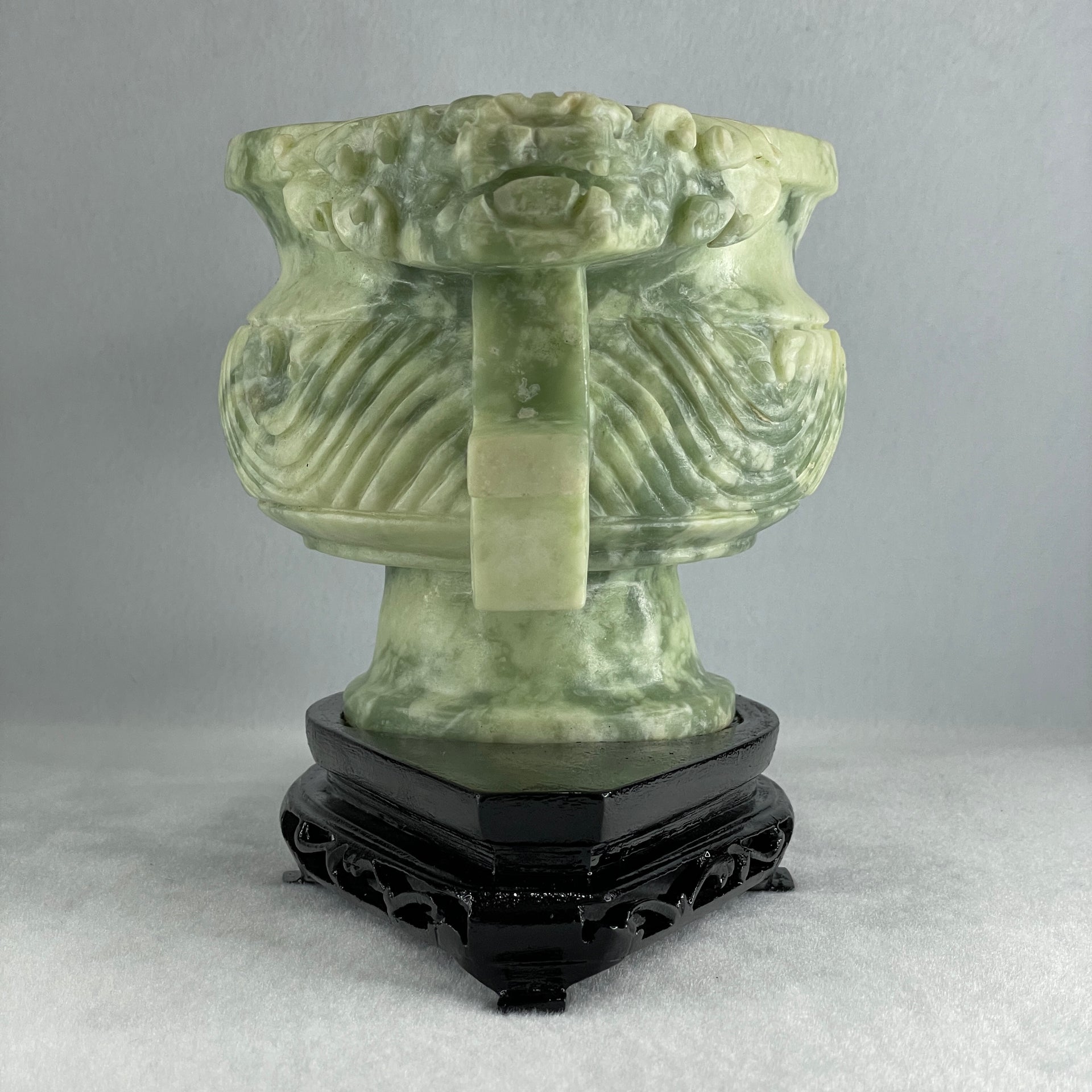 Natural Green with White Piao Hua Serpentine Double Dragon Head on Wealth Pot with Wooden Stand Display 2,463.9g 231.0 by 127.0 by 156.0mm - Huangs Jadeite and Jewelry Pte Ltd