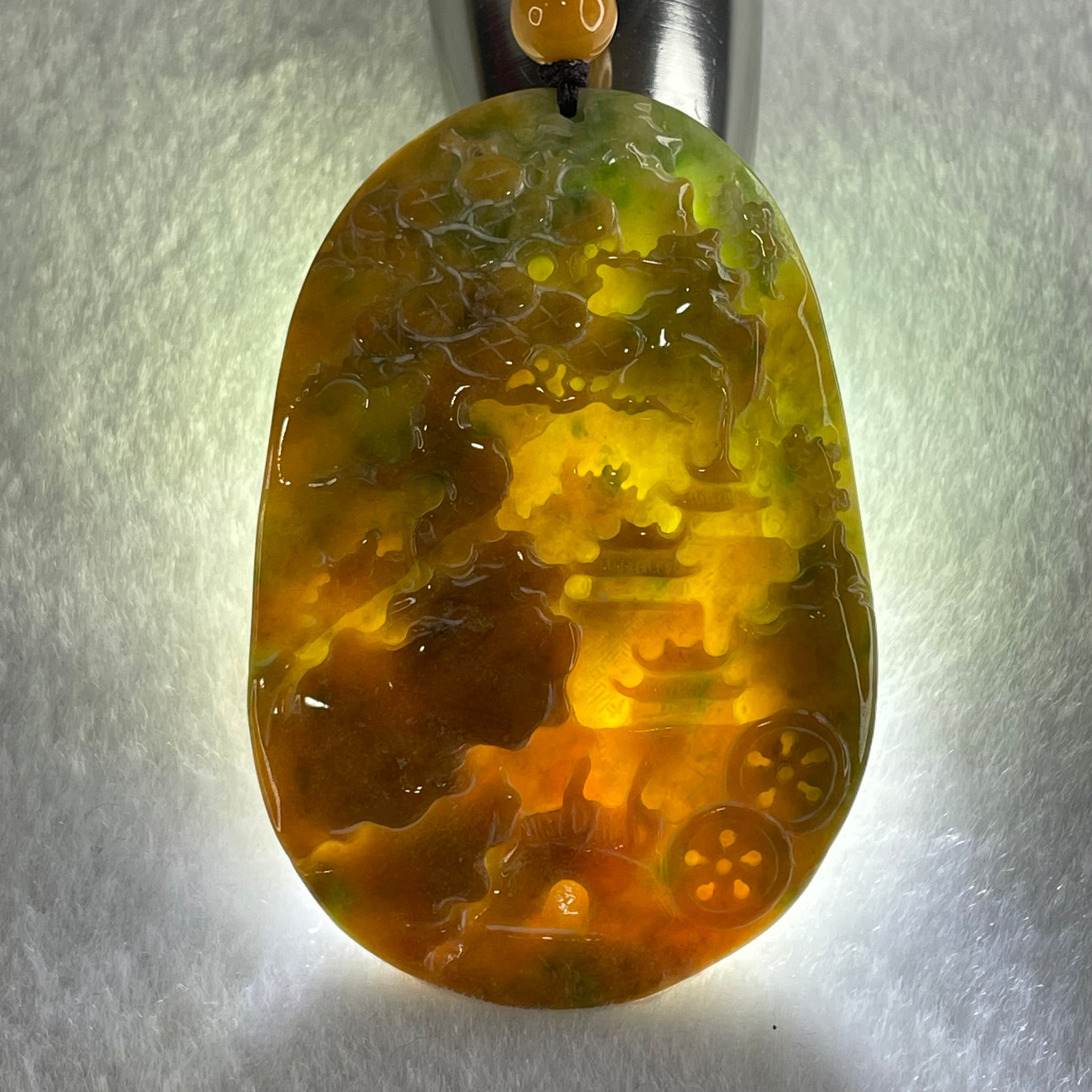 Grandmaster Type A Reddish Brown with Green Patches Jadeite Shan Shui with Twin Gui Ren Benefactor Pendant 黄山美景 36.38g 64.7 by 43.9 by 6.5mm - Huangs Jadeite and Jewelry Pte Ltd