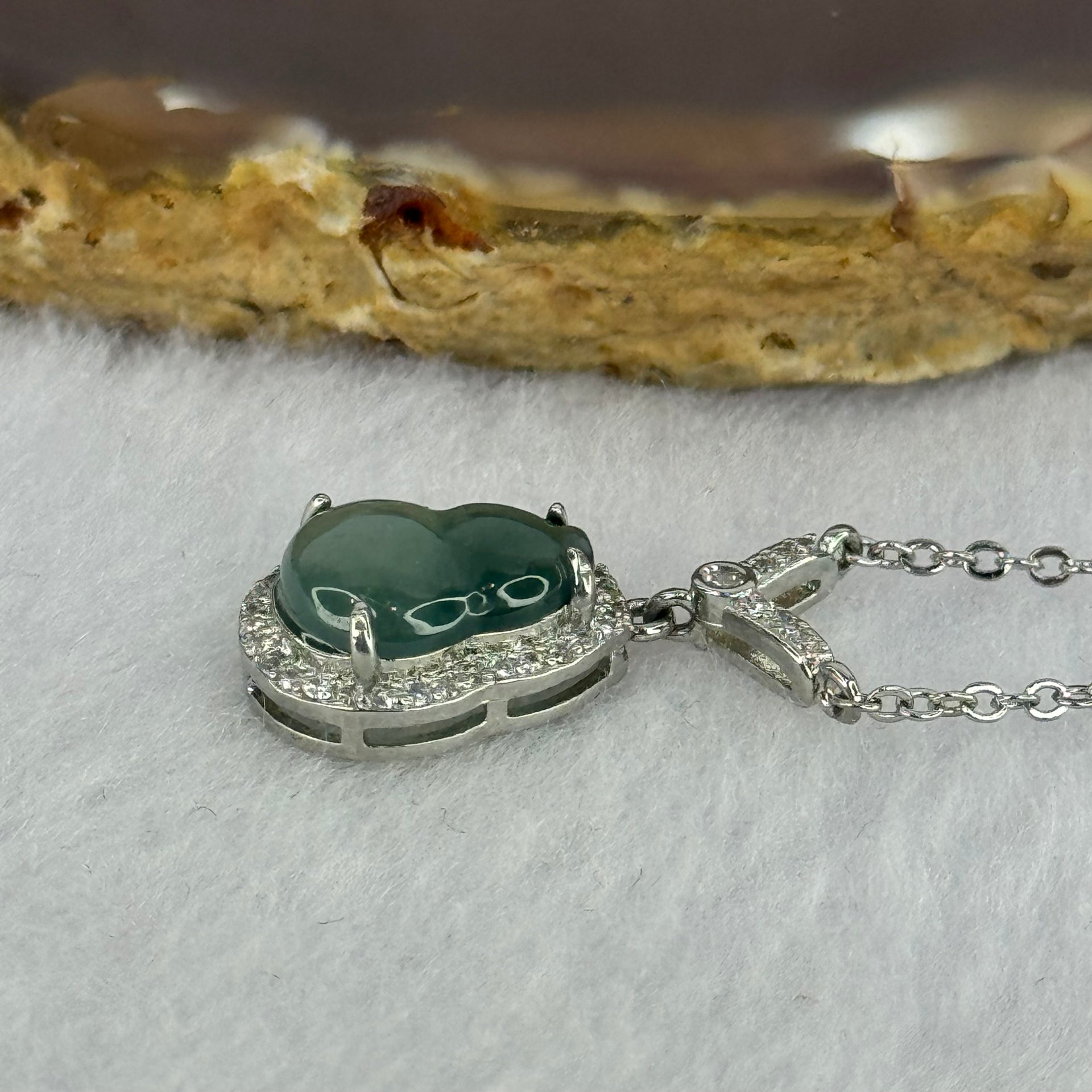 Type A Icy Blueish Green Jadeite Hulu Pendent in S925 Sliver Necklace 3.19g 11.1 by 8.2 by 2.5mm - Huangs Jadeite and Jewelry Pte Ltd