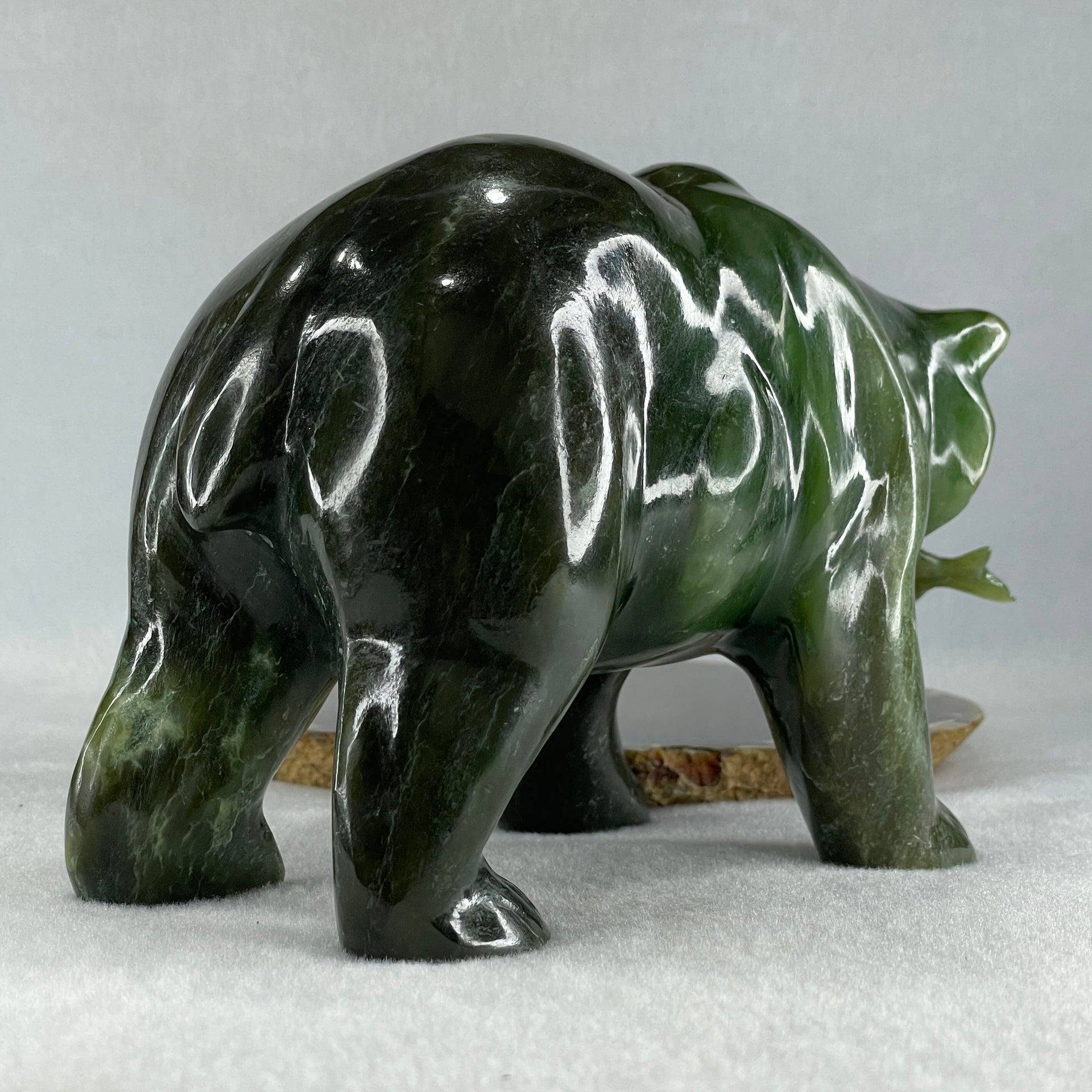 Natural Dark Green Serpentine Bear eating Fish Display 1,800.0g 180.5 by 82.0 by 107.0mm - Huangs Jadeite and Jewelry Pte Ltd