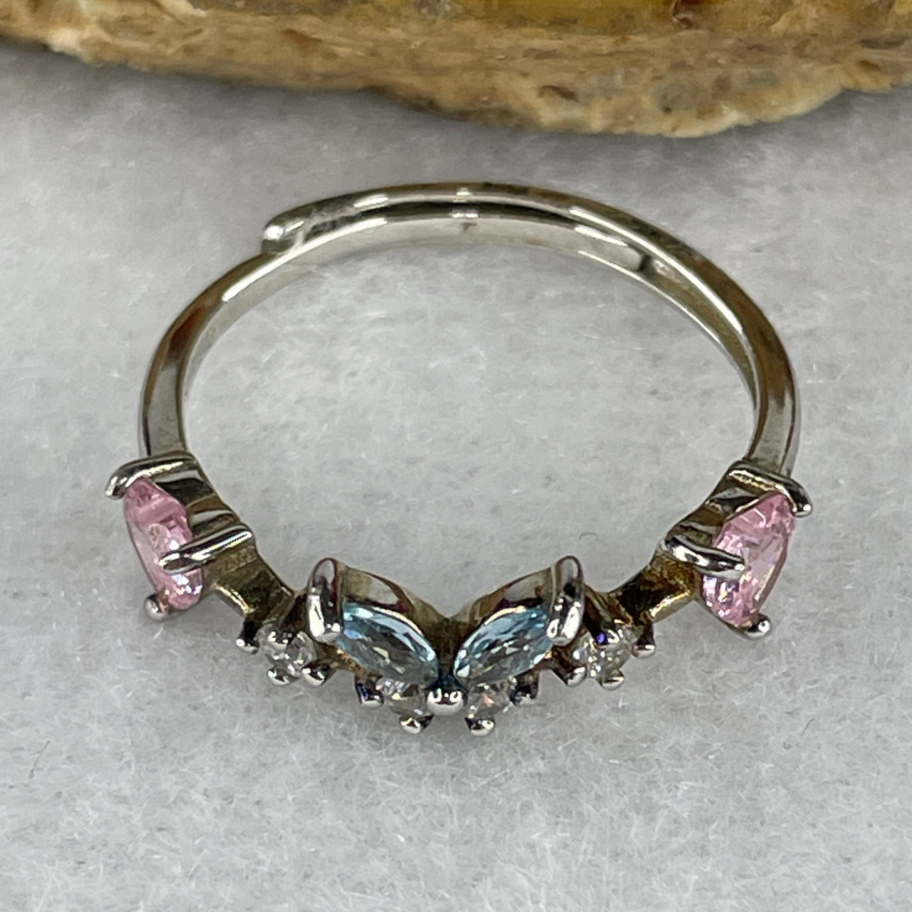 Natural Pink Kunzite and Blue Topaz with Cubic Zirconia in S925 Sliver Ring 1.59g 4.5 by 4.5 by 2.0mm Pink - 4.0 by 2.0 by 1.5mm Blue - Huangs Jadeite and Jewelry Pte Ltd