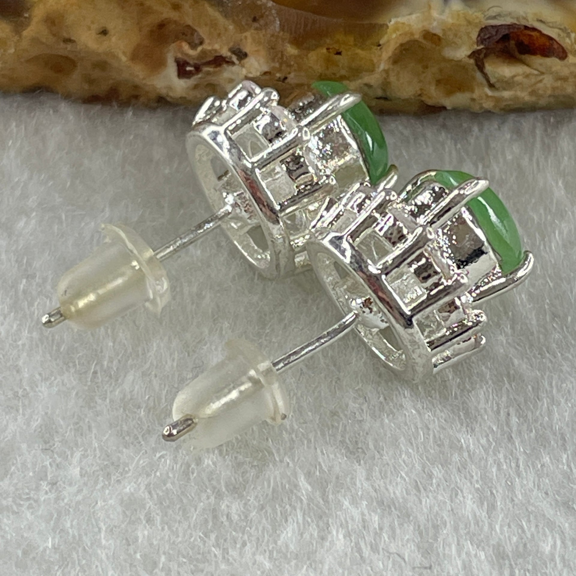 Type A Natural Green Jadeite Cabochon 6.7 by 5.2 by 2.5m Stone for Setting 4.46g (On Silver Earrings Mold) - Huangs Jadeite and Jewelry Pte Ltd