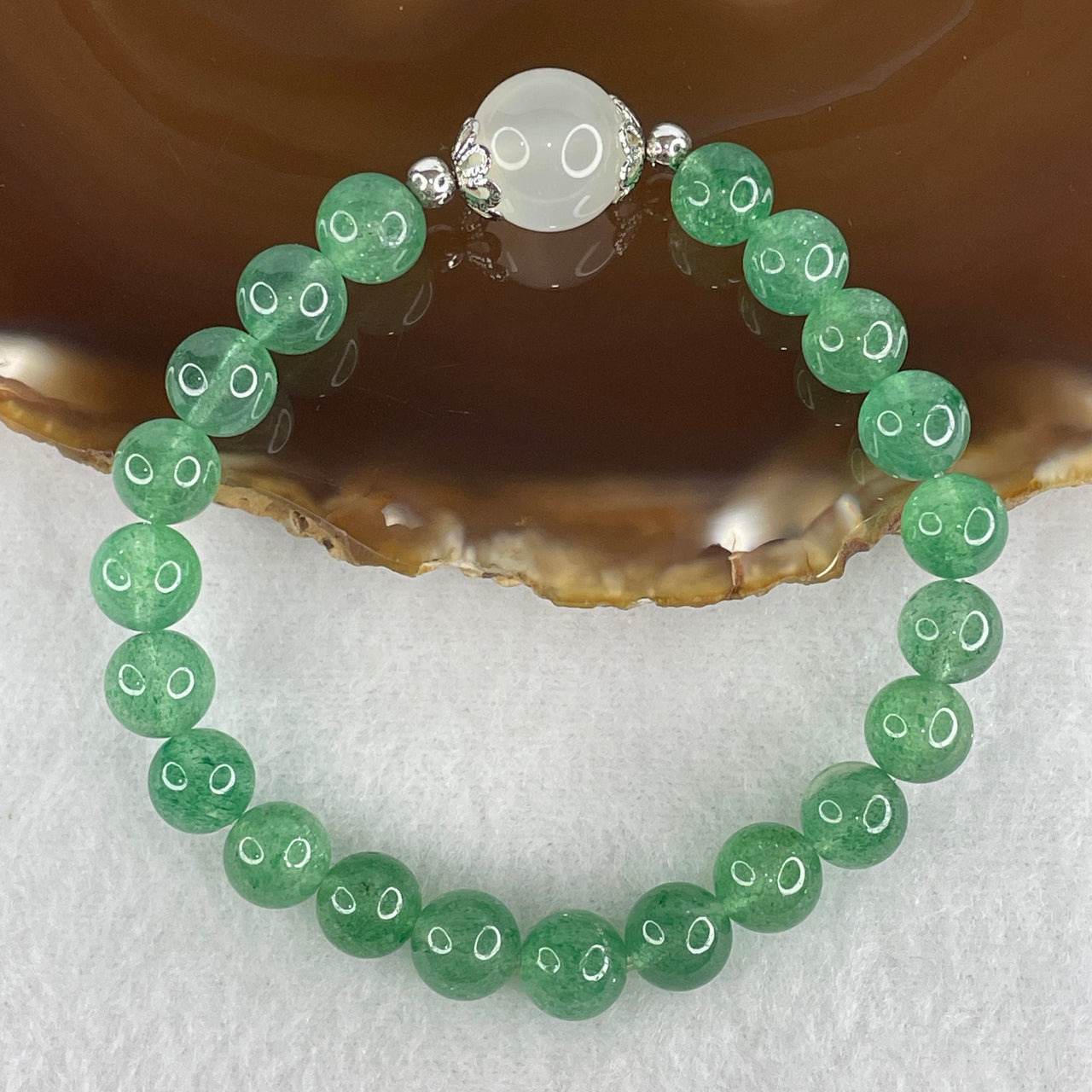 Natural Green Aventurine Bead Bracelet with Opalite Bead | Luminous Gemstone Stretch Bracelet (19.02g | 16cm | 8.3mm Beads | 21 Beads | 12.4mm Opalite Accent)