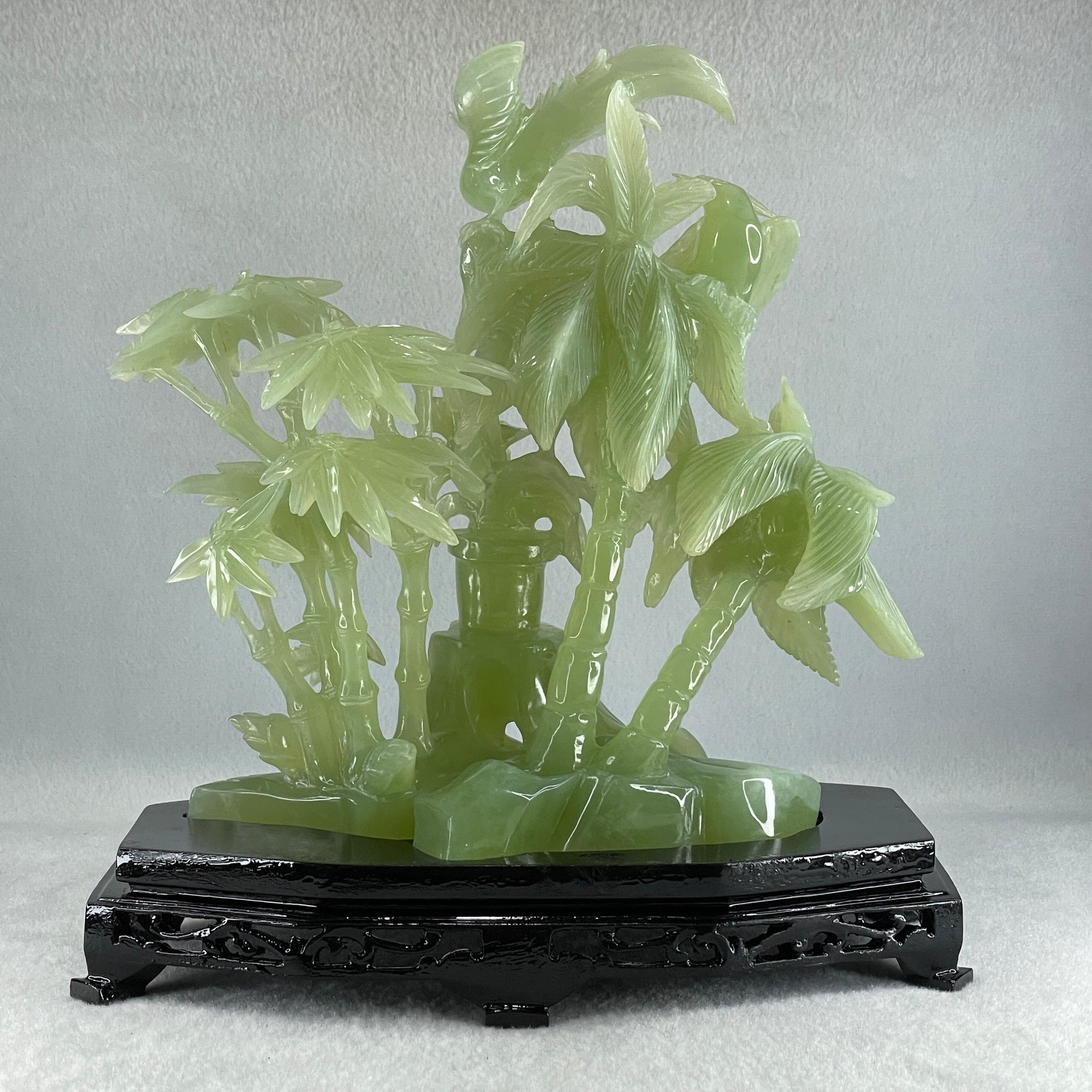Natural Green Serpentine Double Phoenix with Bamboo Treen and Flower with Wooden Stand Display 1,096.7g 220.0 by 130.0 by 220.0mm - Huangs Jadeite and Jewelry Pte Ltd