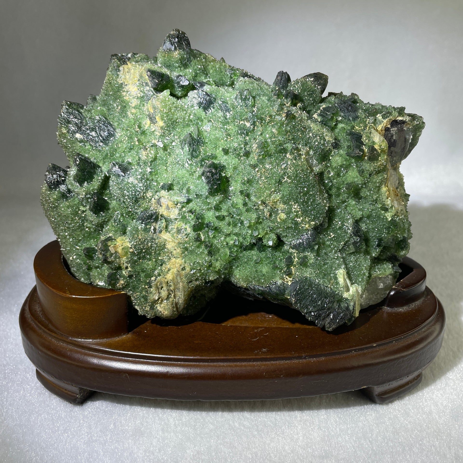 Natural Green Chromium Quartz Rough with Wooden Stand Display 1,391.0g 175.0 by 125.0 by 132.0mm - Huangs Jadeite and Jewelry Pte Ltd