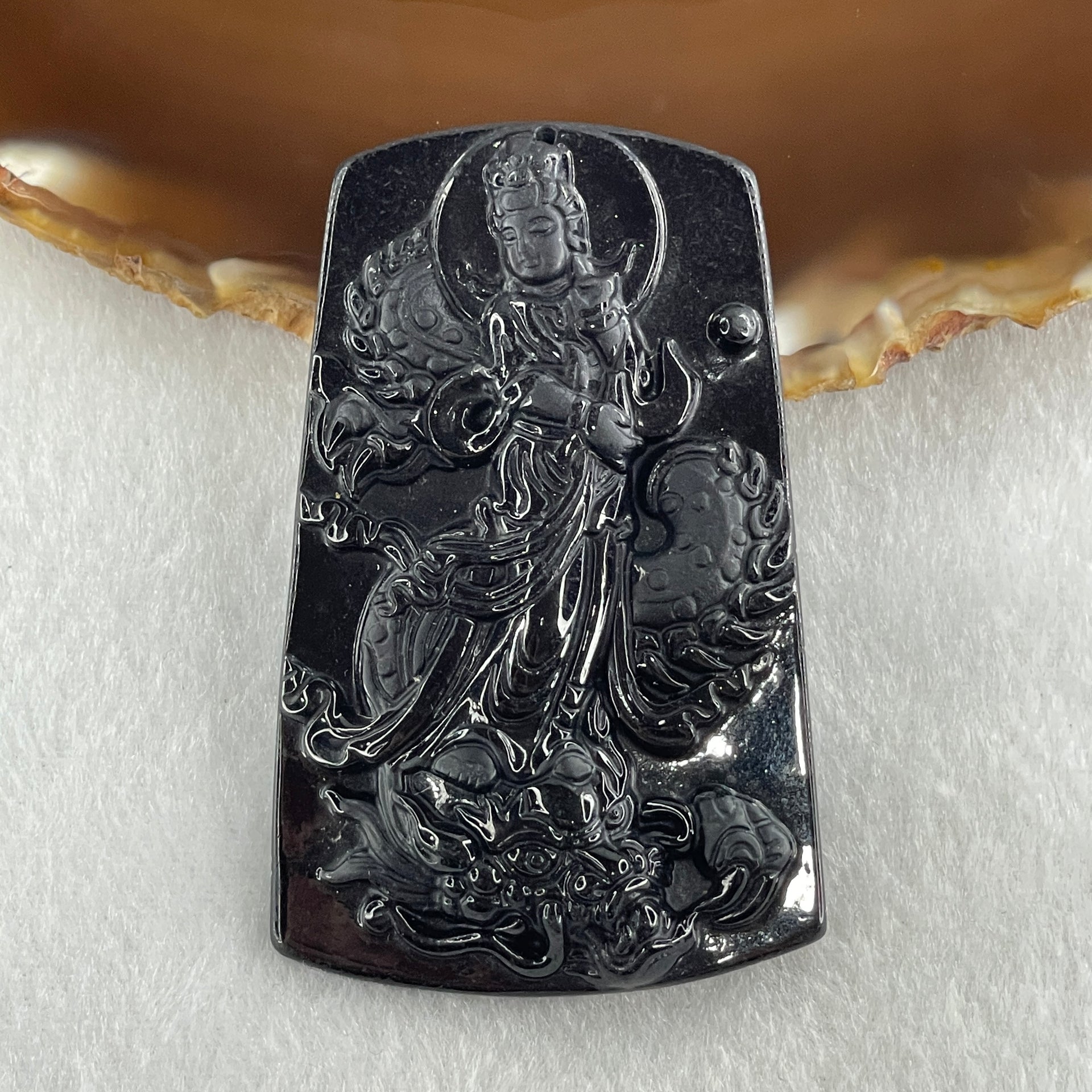 Type A Opaque to Partial Translucent Black Omphacite Jadeite Guan Yin on Dragon Pendant 29.57g 65.5 by 41.0 by 8.5mm - Huangs Jadeite and Jewelry Pte Ltd