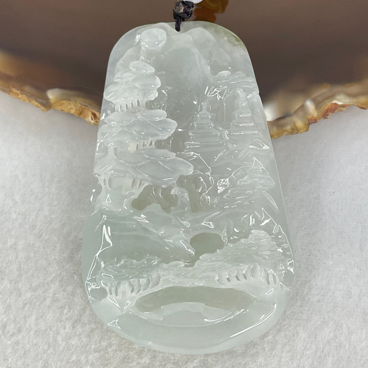 Type A Semi Icy Faint Lavender Green Jadeite Shan Shui Pendant 49.65g 63.1 by 39.5 by 10.3mm - Huangs Jadeite and Jewelry Pte Ltd