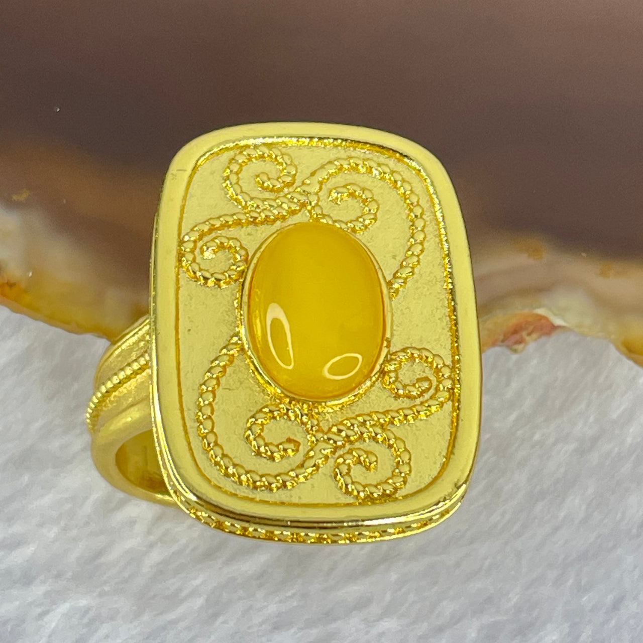 Natural Butterscotch Amber in  Sliver Gold Color Ring (Adjustable Size) 7.47g 10.1 by 6.8 by 3.5mm - Huangs Jadeite and Jewelry Pte Ltd