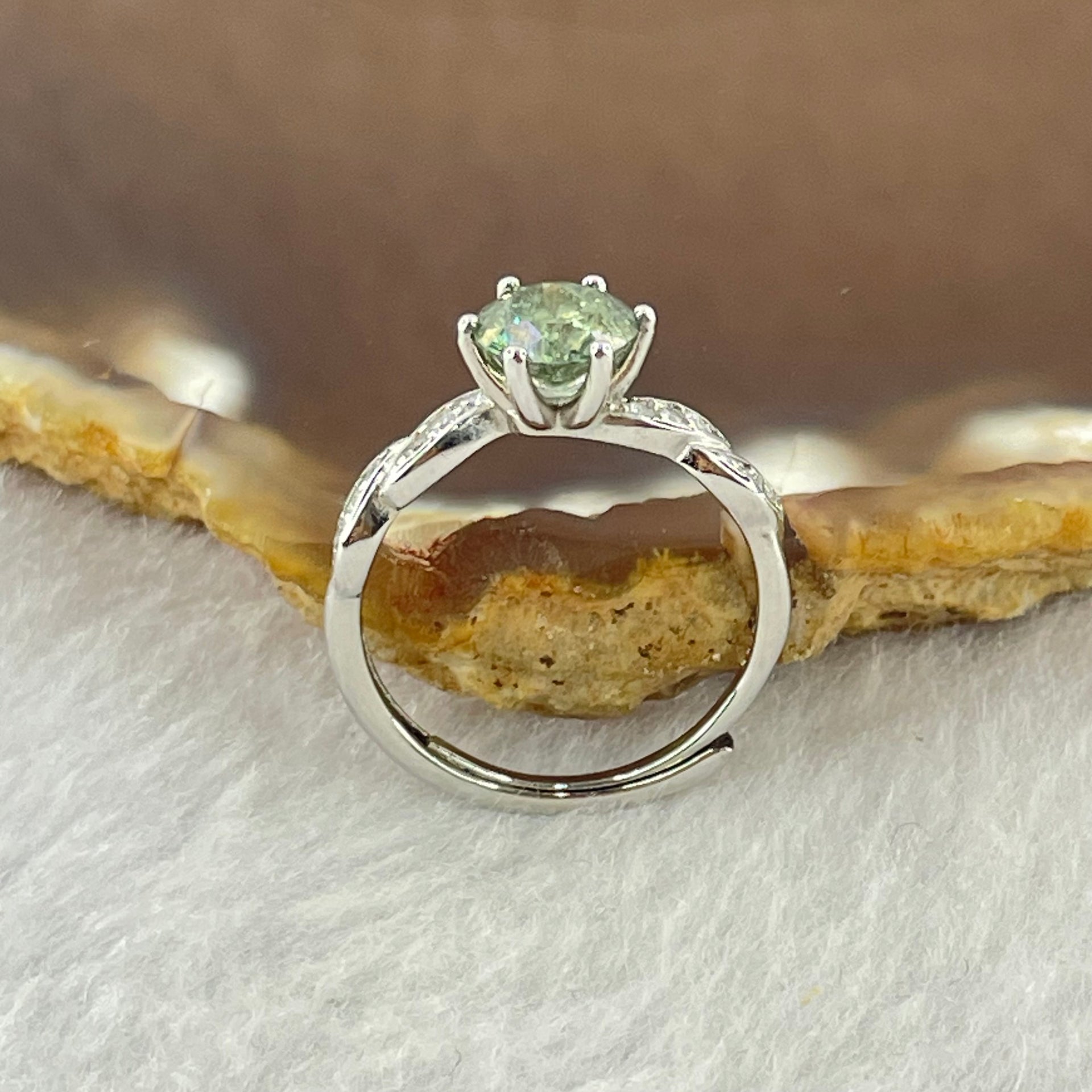 Blueish Green Cubic Zirconia 6.2 by 2.6mm with Crystals In S925 Sliver Ring (Adjustable Size) 1.51g - Huangs Jadeite and Jewelry Pte Ltd