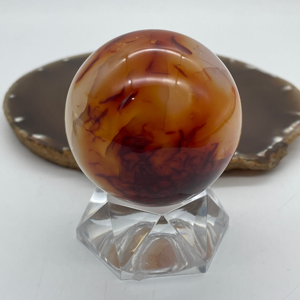 Natural Carnelian Agate Sphere Ball with Clear Acrylic Stand Display | (321.58g | 59.6mm | 75.0mm | Catalyst, "Hong Yun Dang Tou" Fortune & Vitality Anchor, 360° Energy Harmonizer & Feng Shui Wealth Sphere)