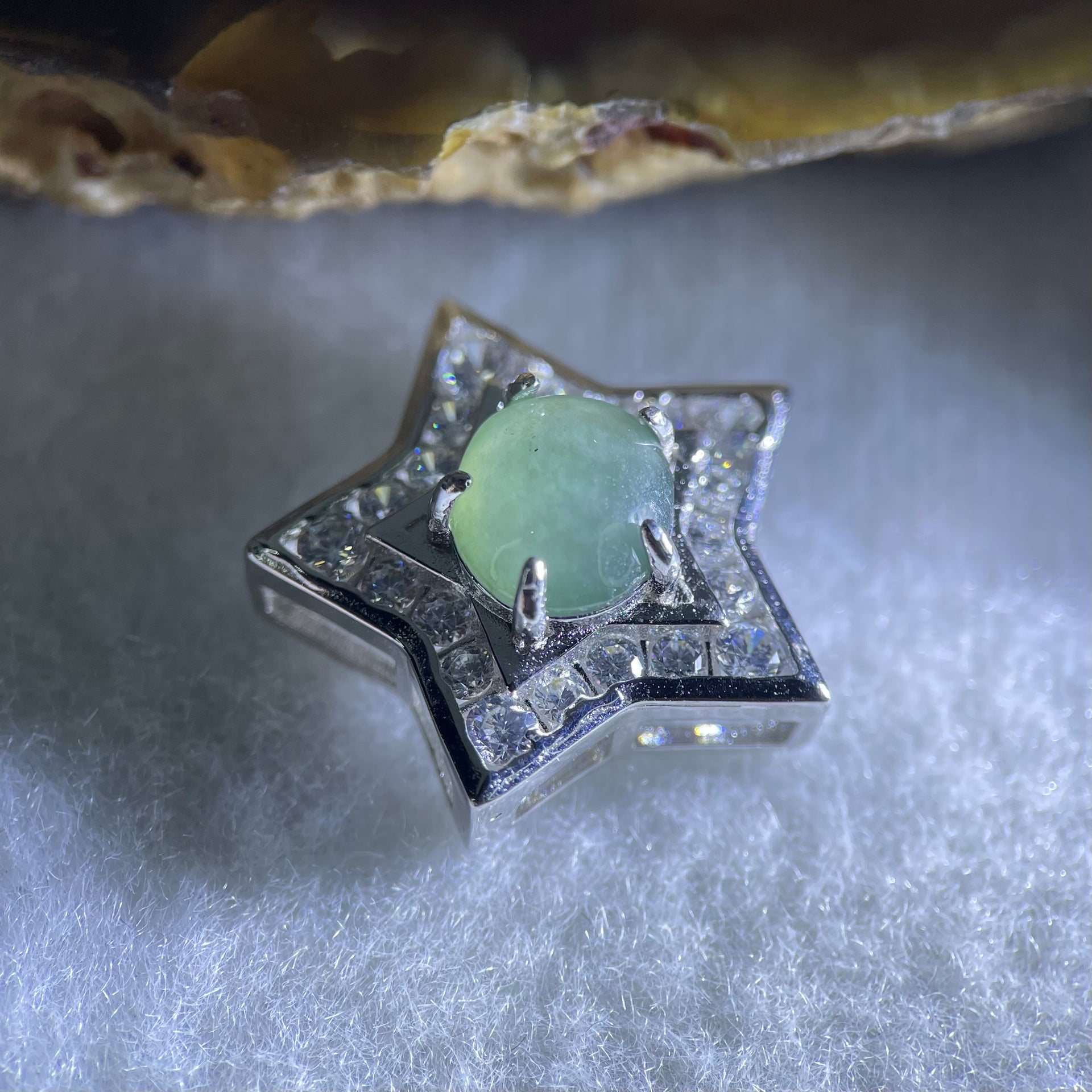 Type A Semi Icy Blueish Green Cabochon Jadeite in S925 Sliver Star with Crystal Charm 2.41g 7.8 by 6.9 by 3.5mm - Huangs Jadeite and Jewelry Pte Ltd